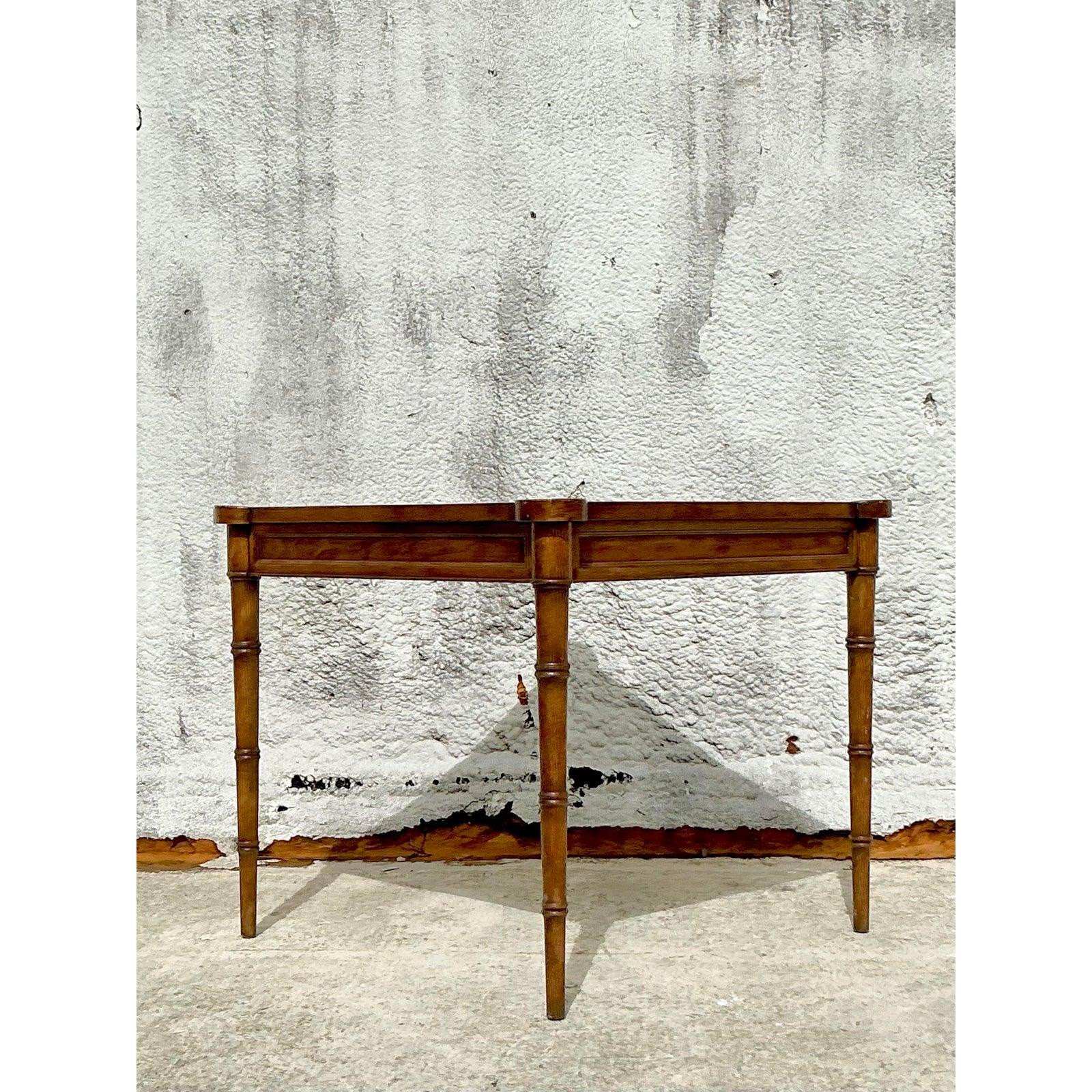 Vintage Boho Drexel Burl Wood and Leather Game Table 2
