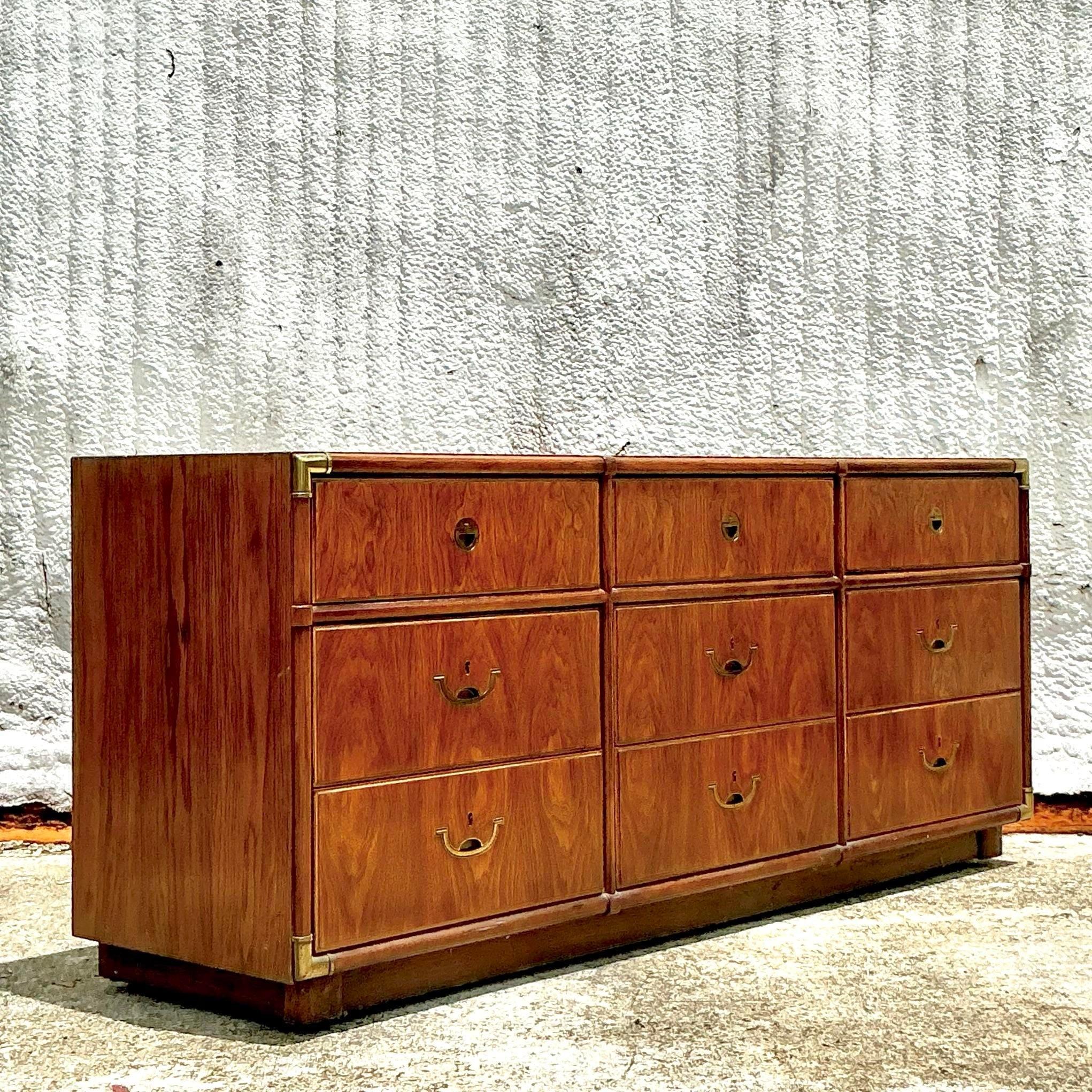 Vintage Boho Drexel Campaign 9 Drawer Dresser For Sale at