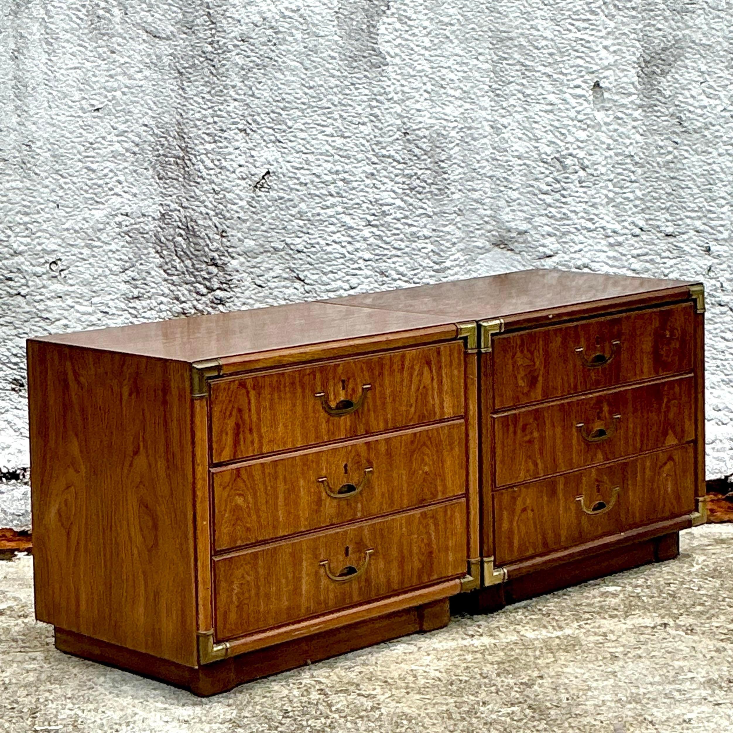 Vintage Boho Drexel Campaign Nightstands - a Pair In Good Condition In west palm beach, FL