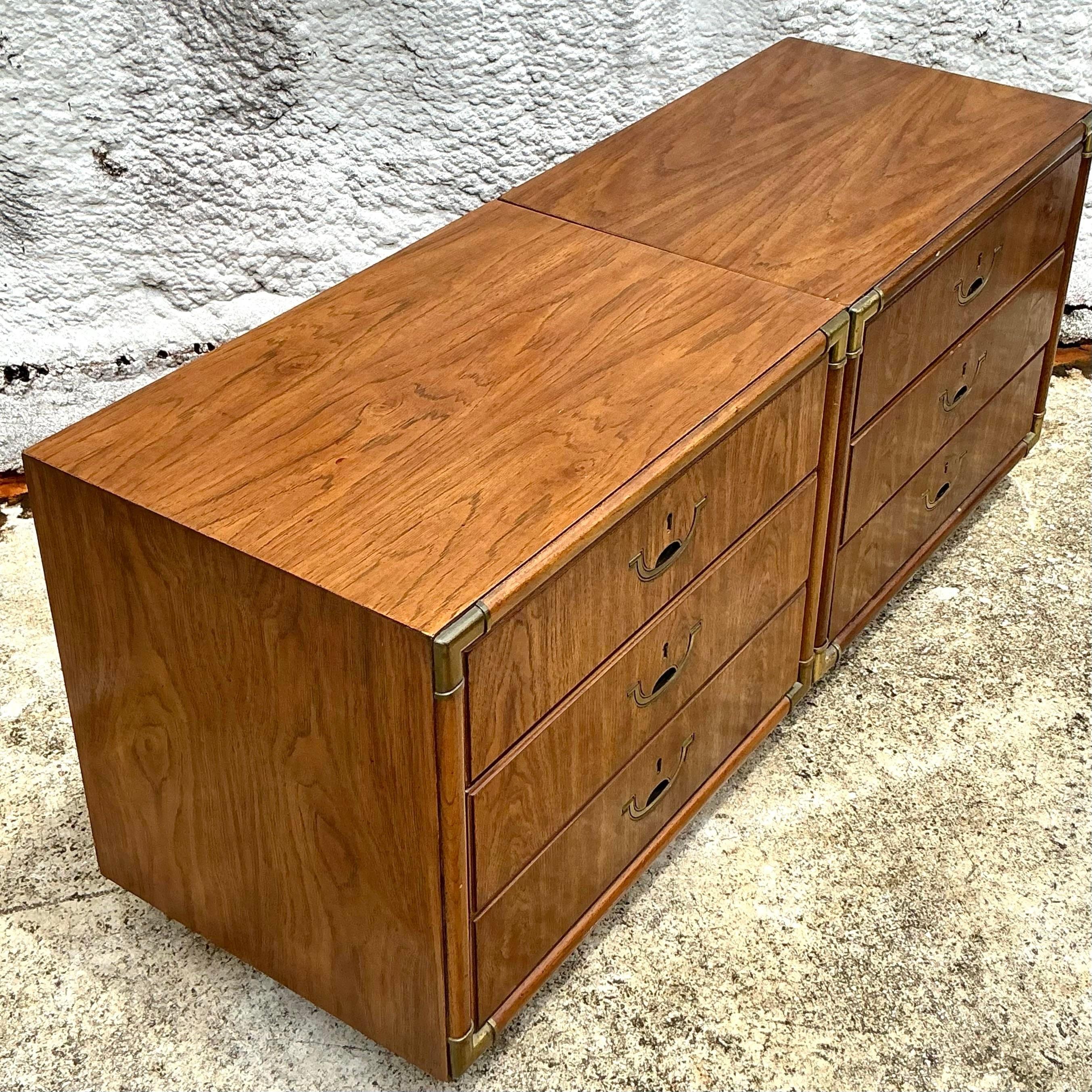20th Century Vintage Boho Drexel Campaign Nightstands - a Pair