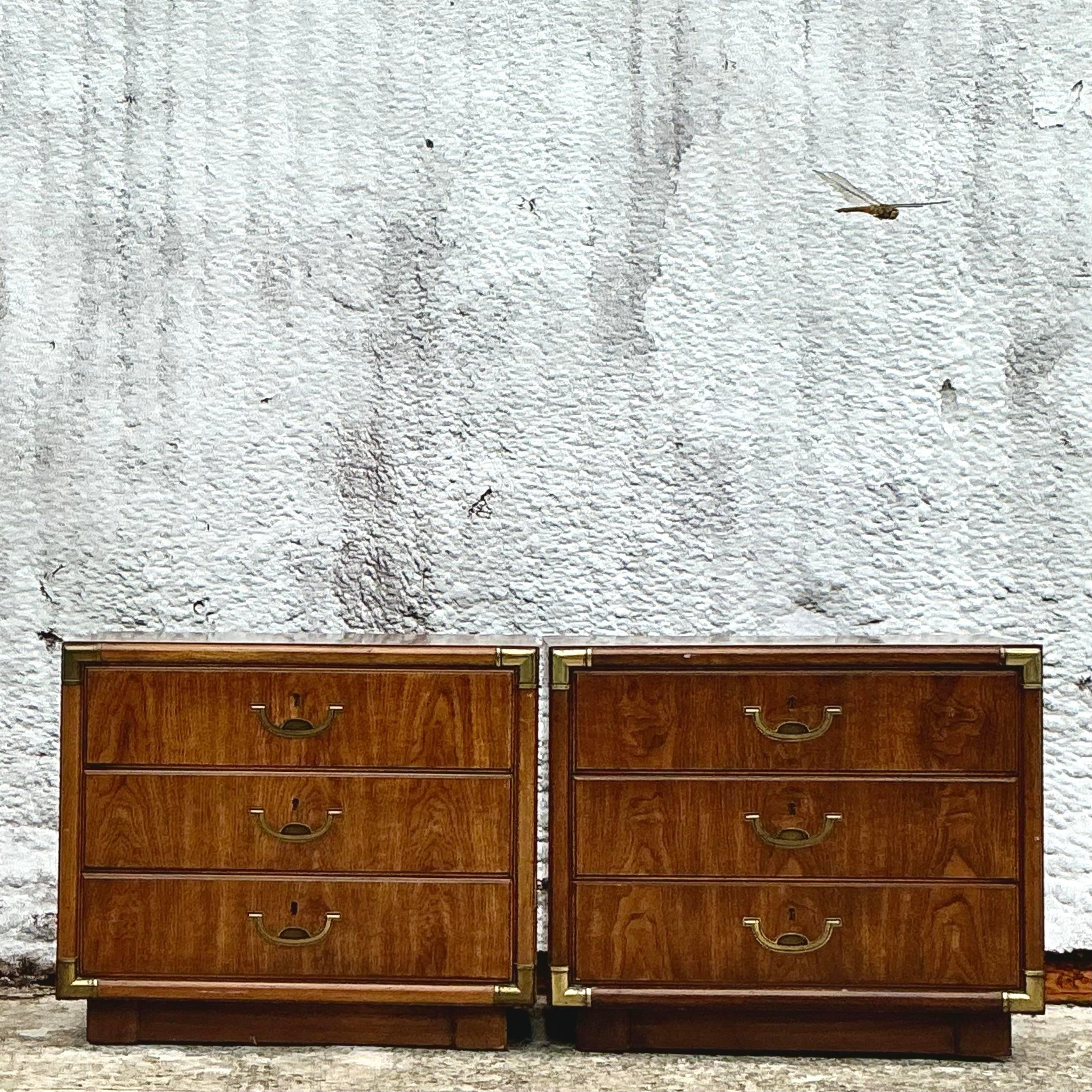 Brass Vintage Boho Drexel Campaign Nightstands - a Pair
