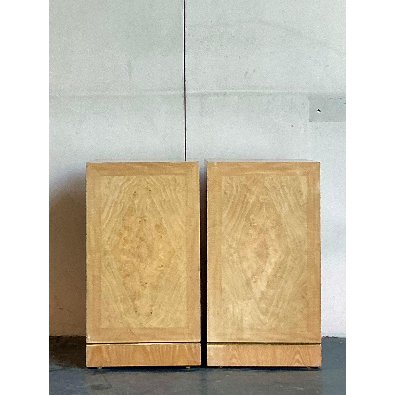 Mid-Century Modern Vintage Boho Drexel Heritage Bookmatched Burl Wood Pedestals - A Pair For Sale