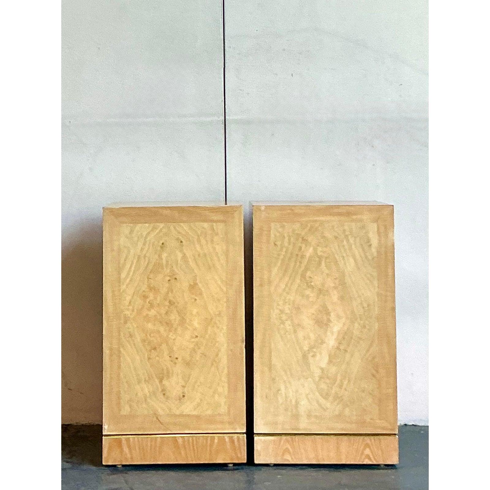 American Vintage Boho Drexel Heritage Bookmatched Burl Wood Pedestals - A Pair For Sale