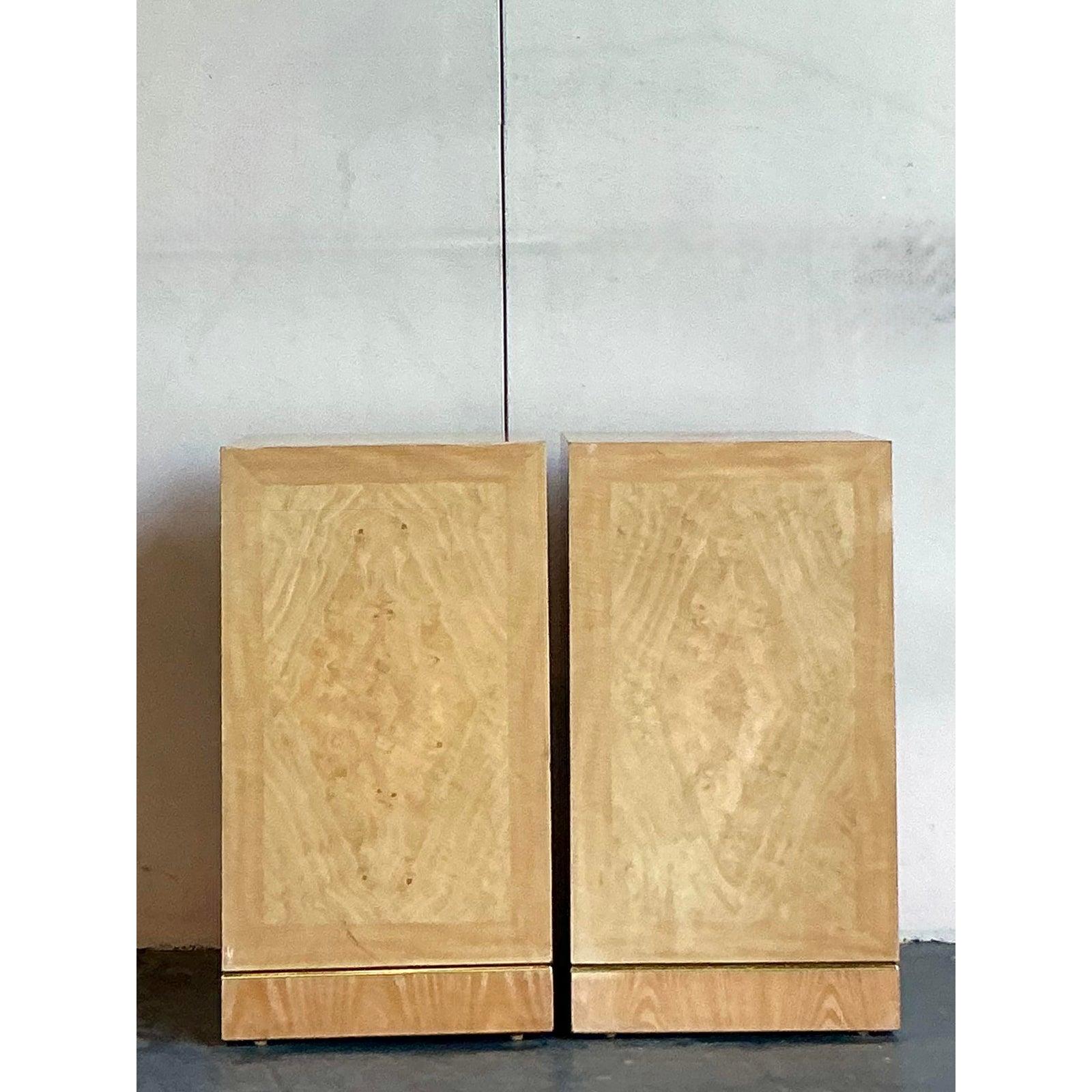 20th Century Vintage Boho Drexel Heritage Bookmatched Burl Wood Pedestals - A Pair For Sale