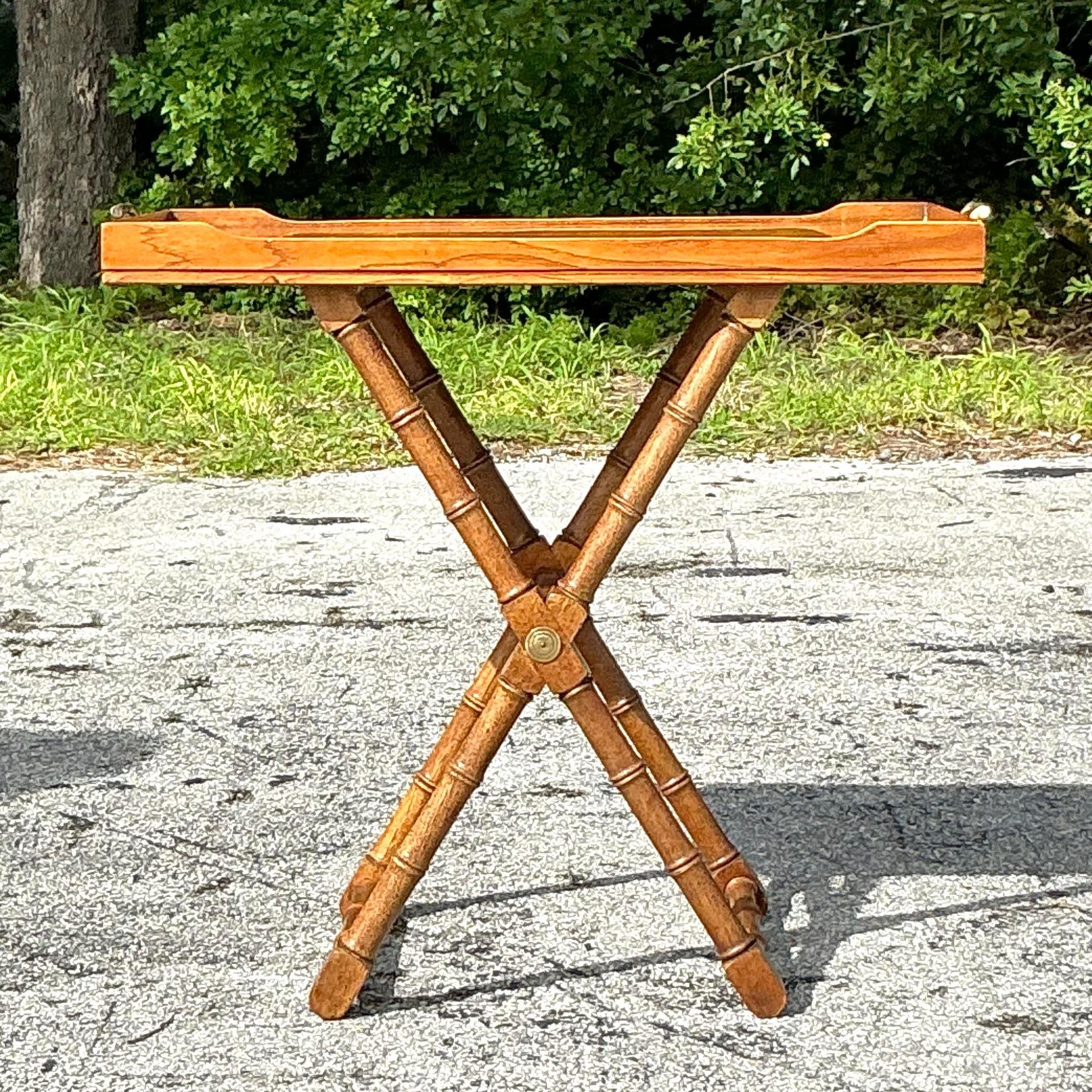 Vintage Boho Drexel Heritage Burlwood Tray Table In Good Condition In West Palm Beach, FL