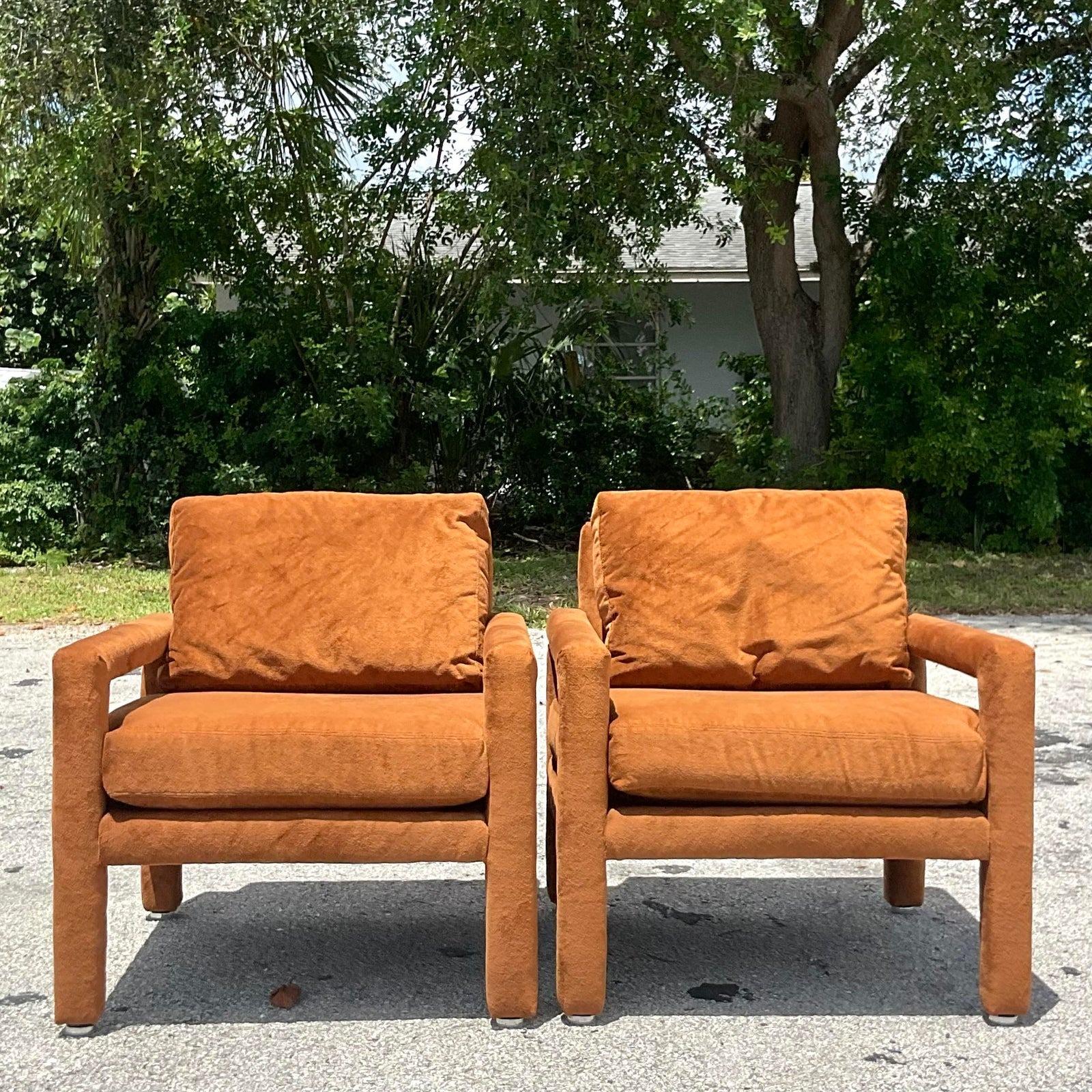 A fabulous pair of vintage Boho Parsons lounge chairs. Made by the iconic Drexel group and tagged on the bottom. Chic paprika colored ultra suede type upholstery. Acquired from a Palm Beach estate