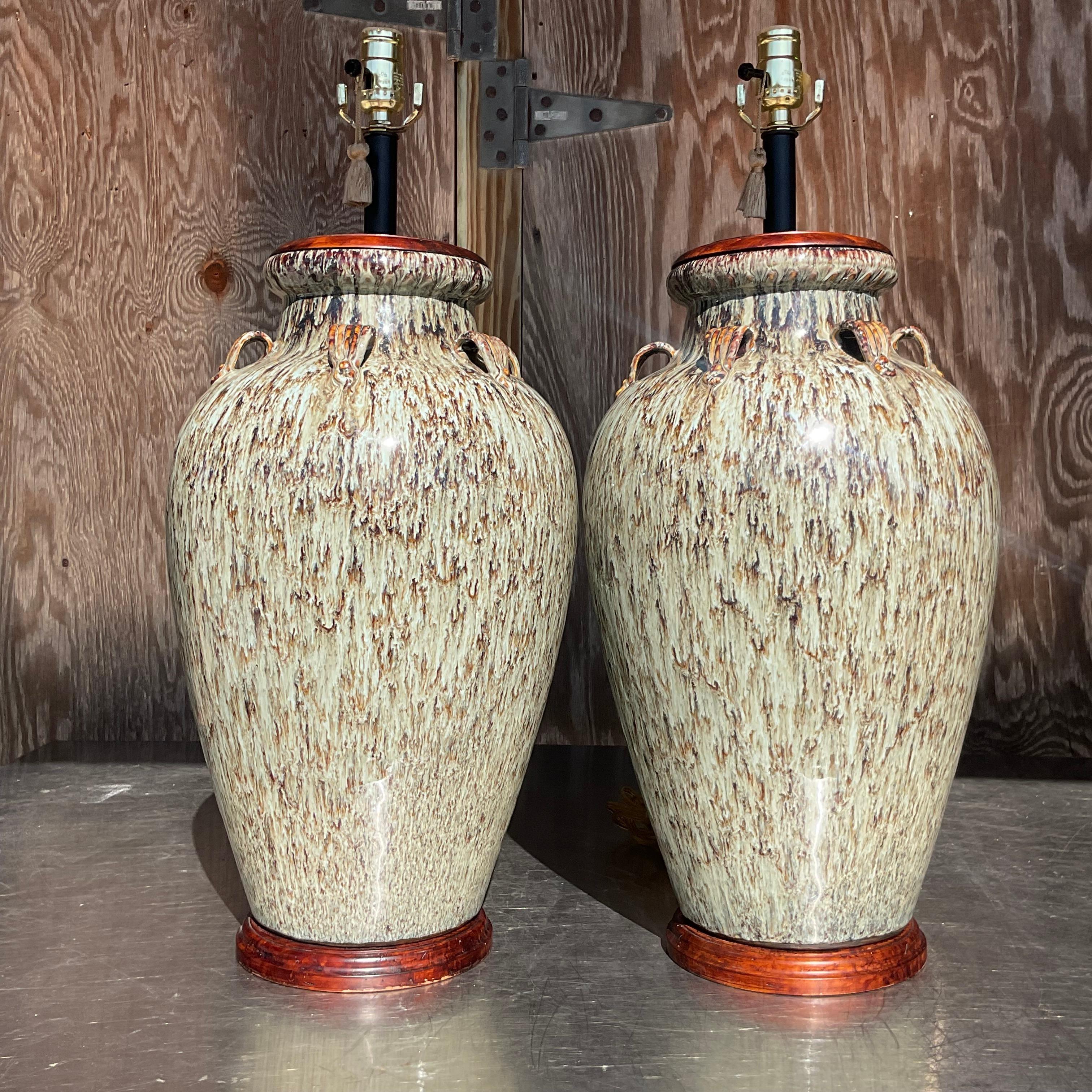 Vintage Boho Drip Glaze Lampen - ein Paar (amerikanisch) im Angebot