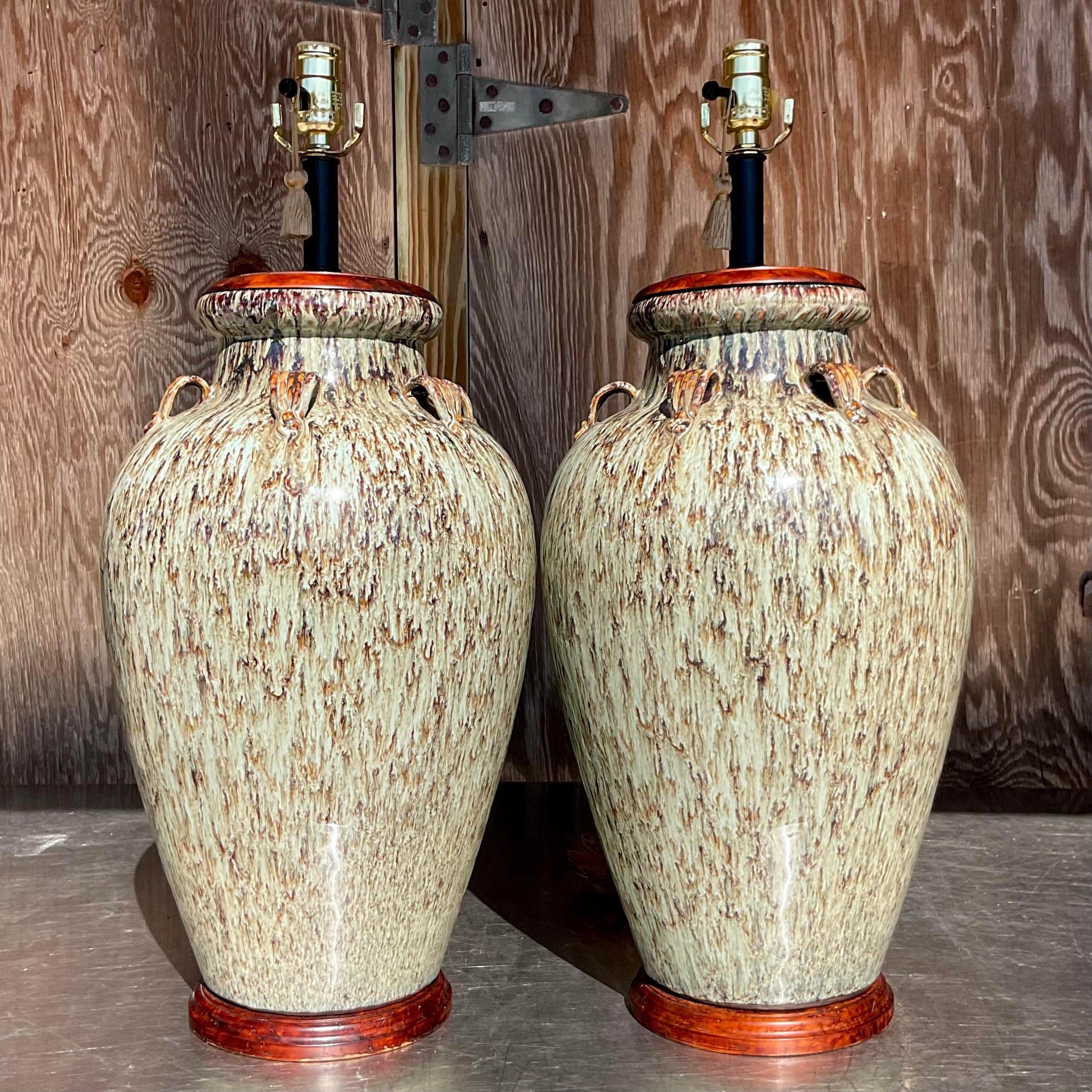 Vintage Boho Drip Glaze Lamps - a Pair In Good Condition For Sale In west palm beach, FL
