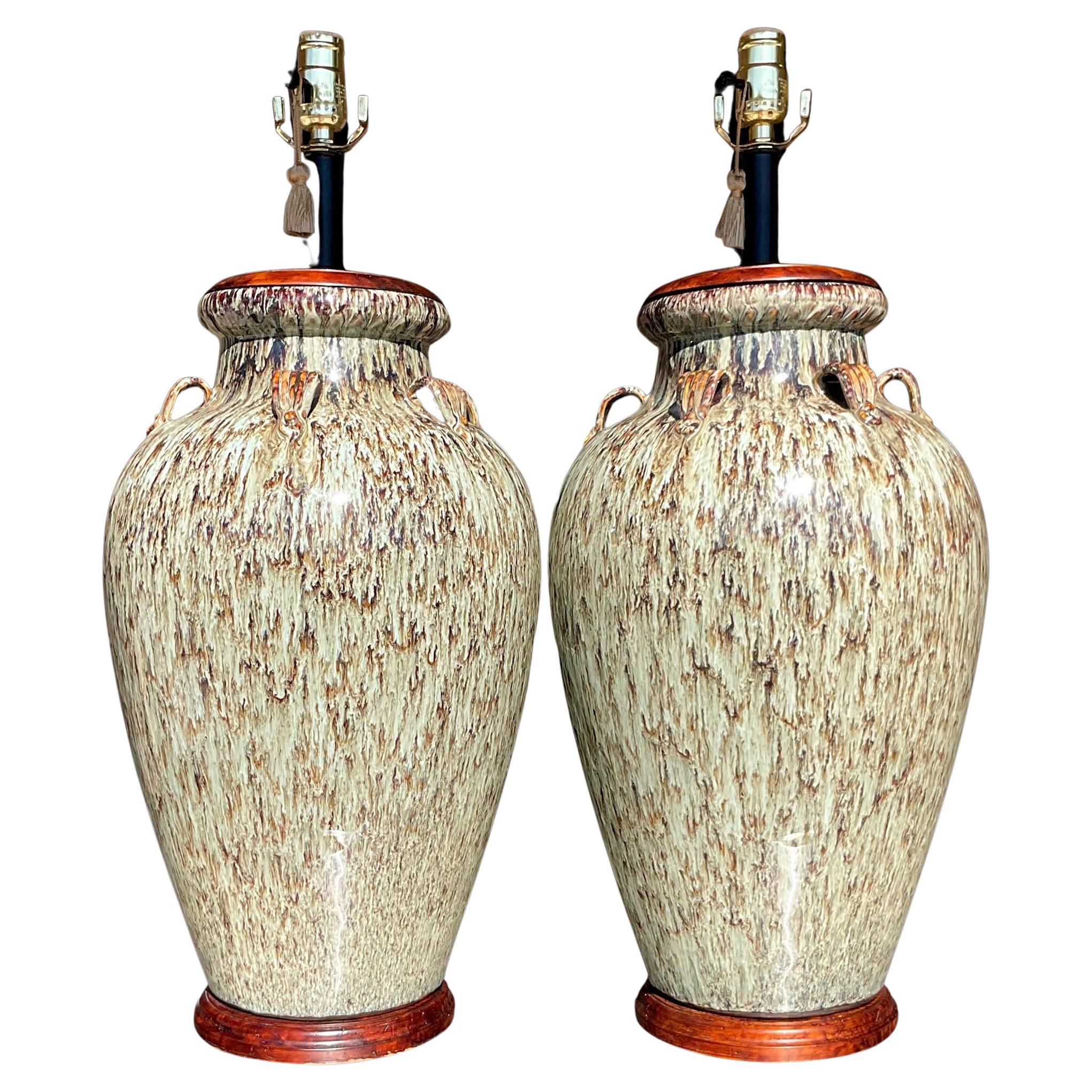 Vintage Boho Drip Glaze Lampen - ein Paar im Angebot
