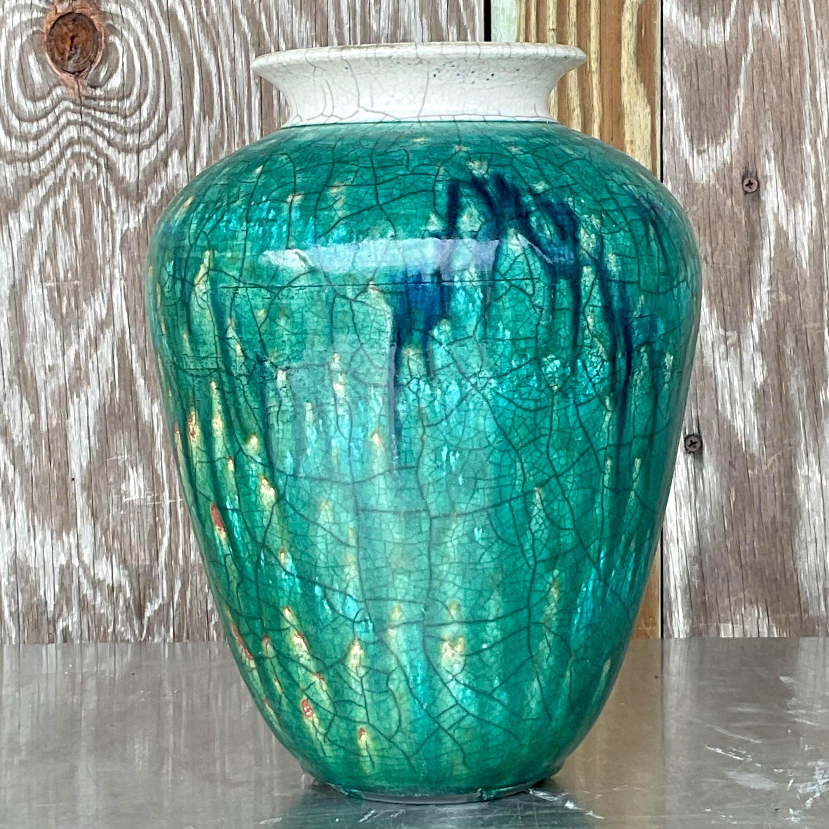 Vintage Boho Drip Glaze Studio Pottery Vase (Töpferwaren) im Angebot