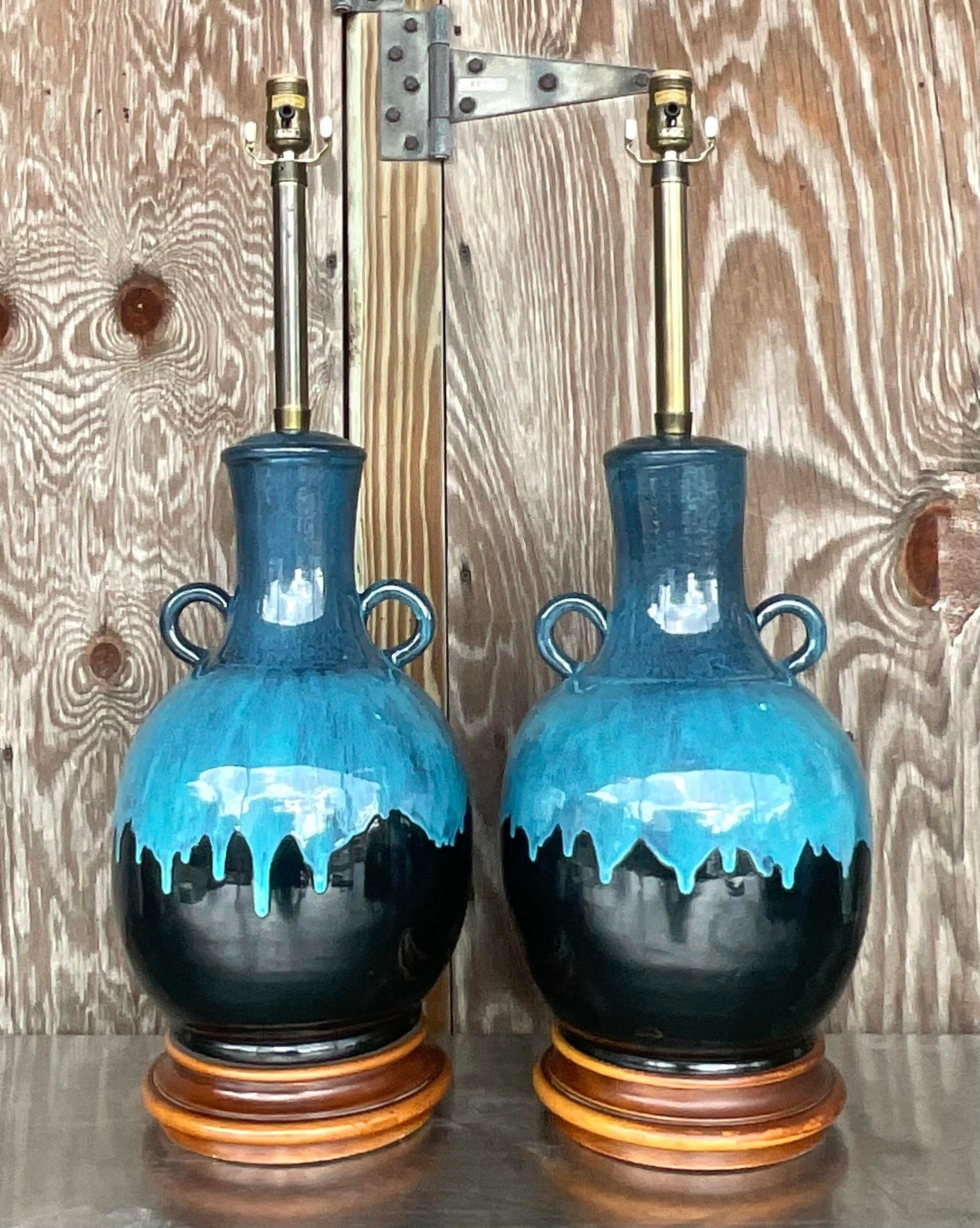 Vintage Boho Drip Glaze Table Lamps - a Pair In Good Condition In west palm beach, FL
