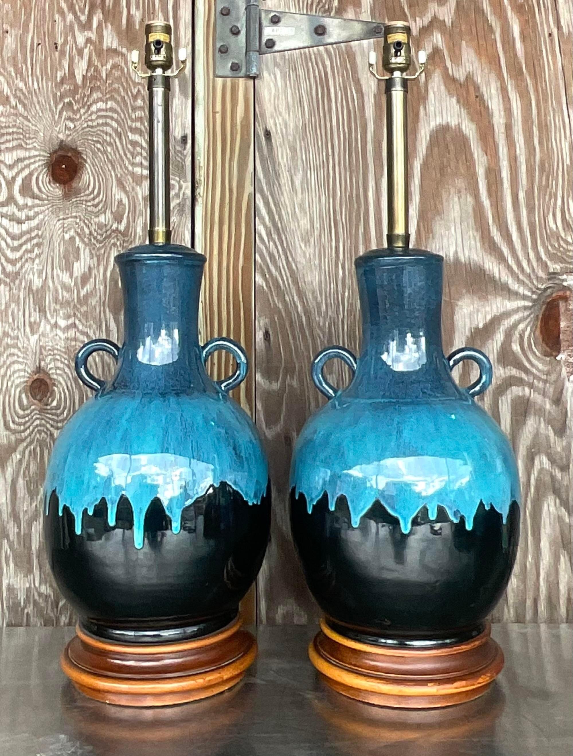 Vintage Boho Tropfglasur-Tischlampen mit Tropfglasur - ein Paar (20. Jahrhundert)