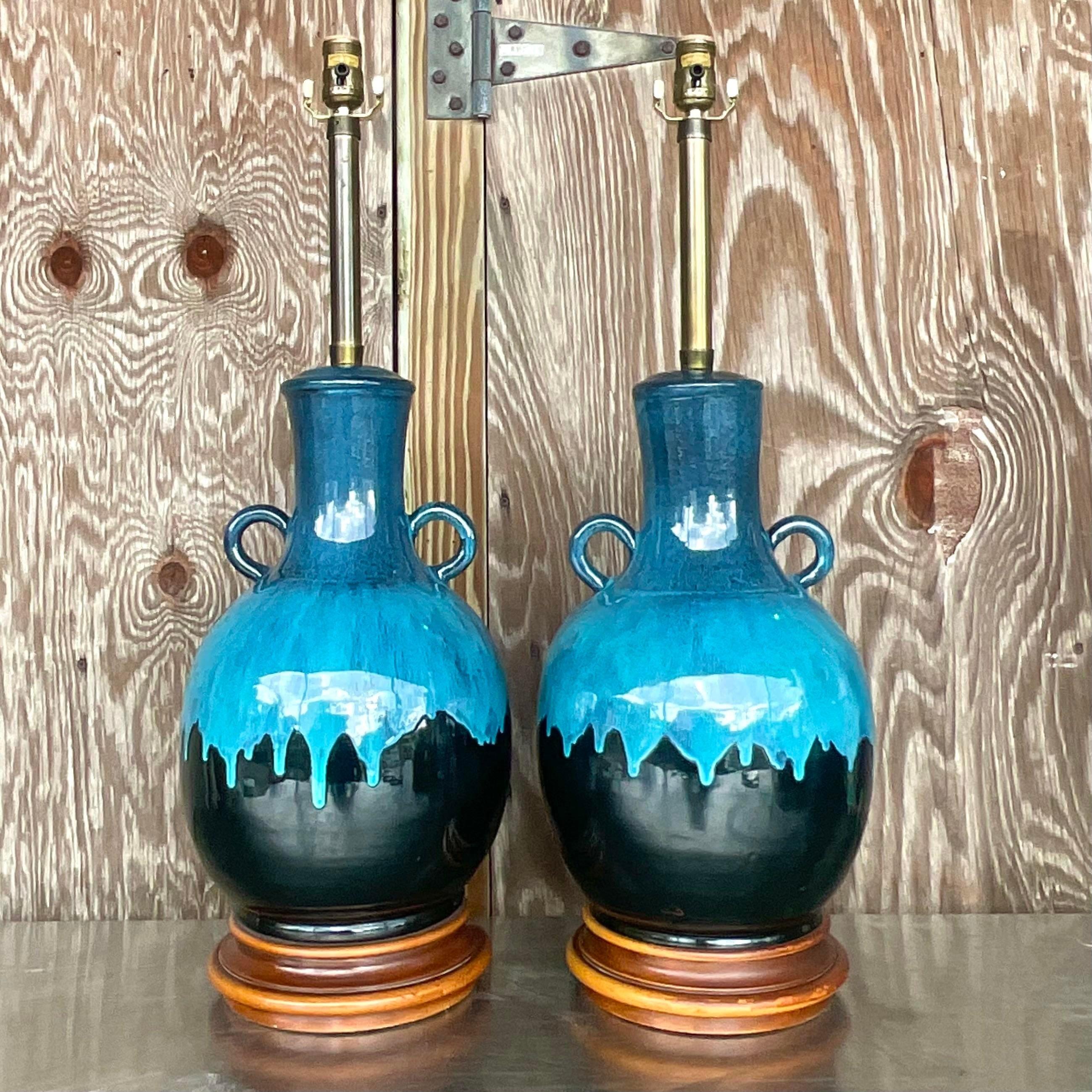 Vintage Boho Tropfglasur-Tischlampen mit Tropfglasur - ein Paar 1