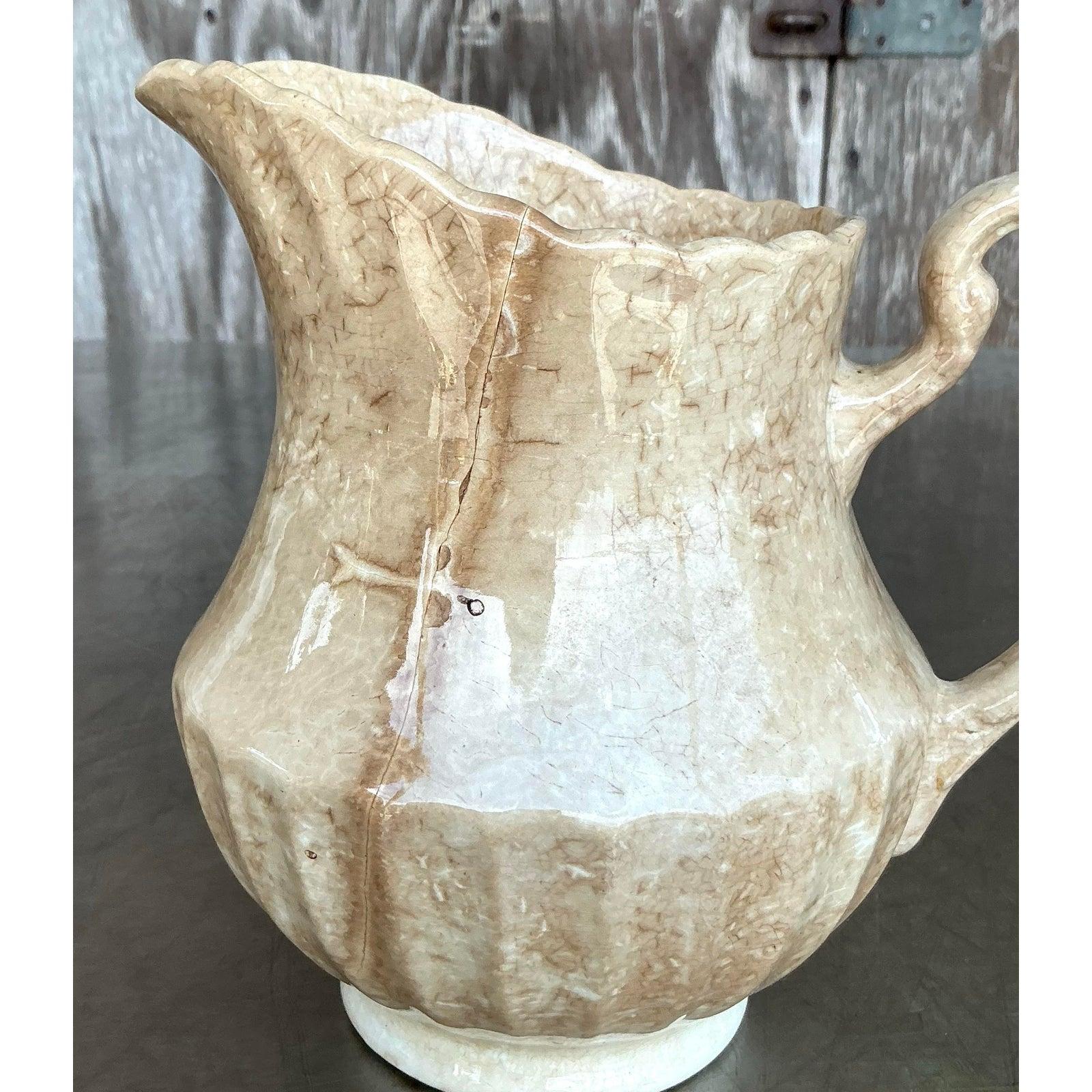 Vintage Boho Eakin Stoneware Pitcher In Good Condition For Sale In west palm beach, FL