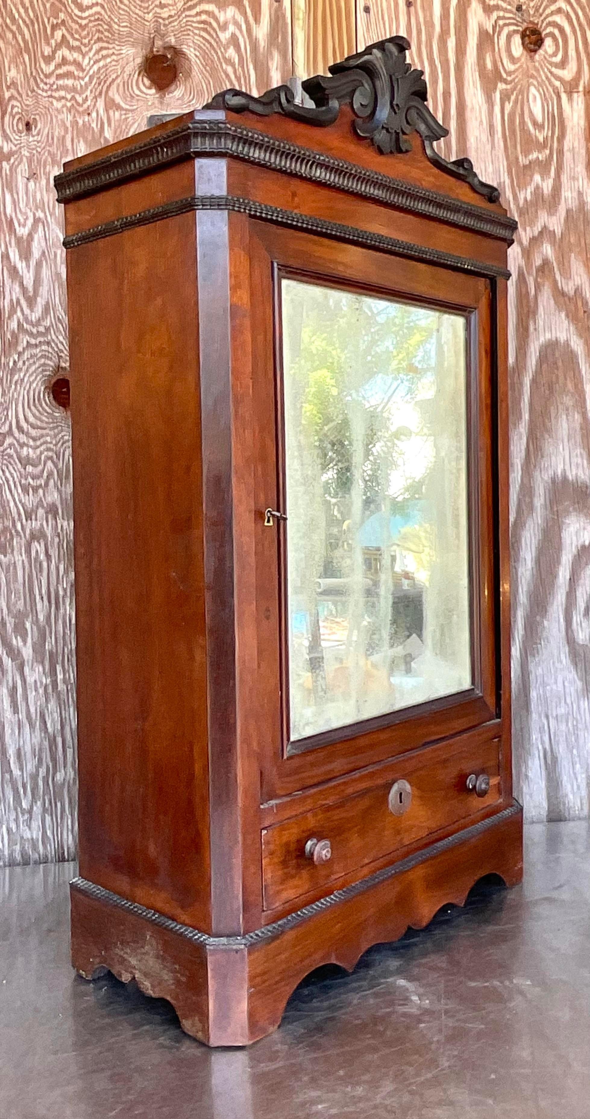 Victorian Vintage Boho Eastlake Mirrored TableTop Cabinet For Sale