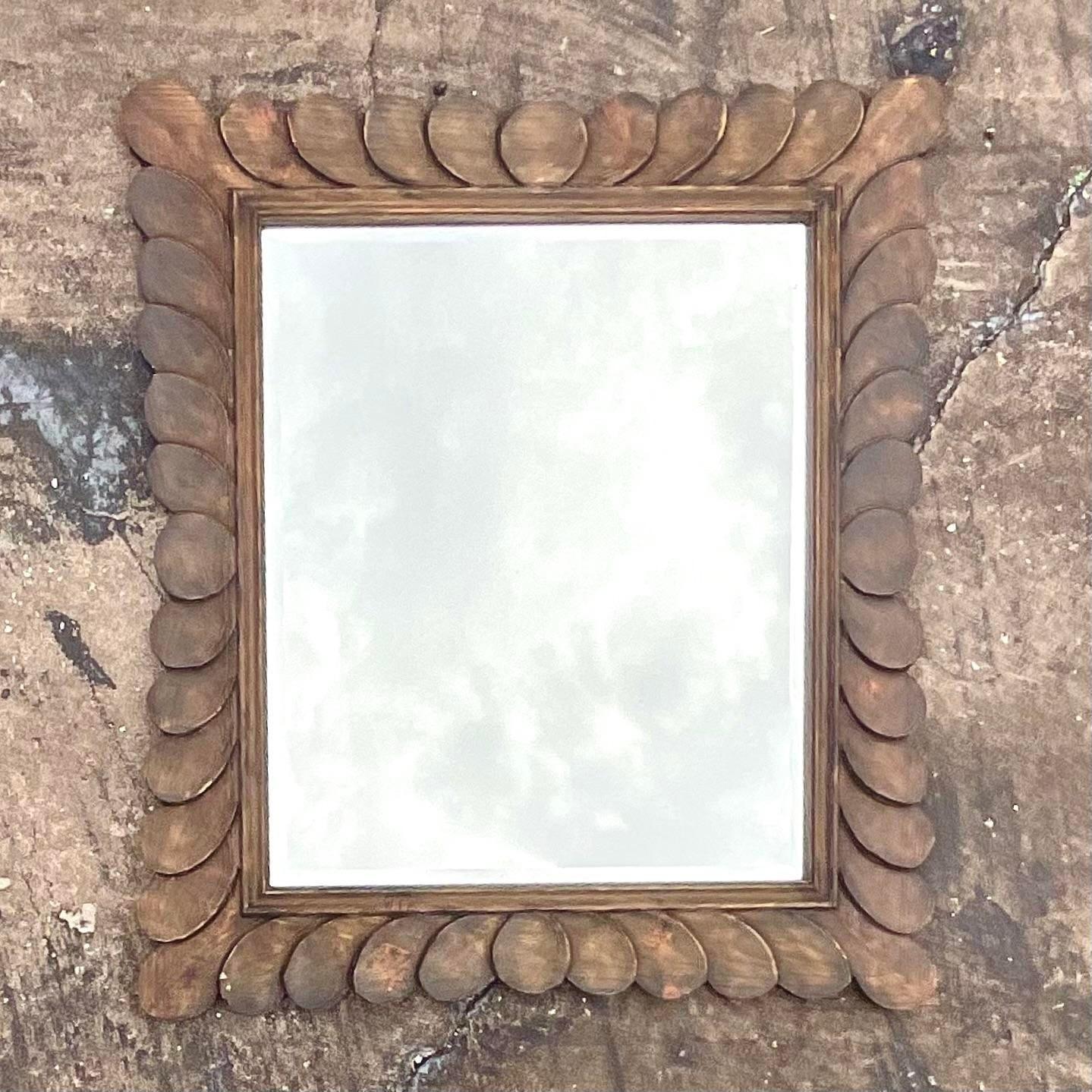 Vintage Boho Ebonized Oak Carved Petal Mirror In Good Condition For Sale In west palm beach, FL