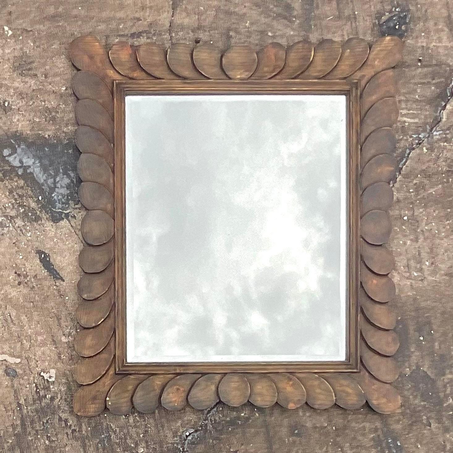 Vintage Boho Ebonized Oak Carved Petal Mirror In Good Condition In west palm beach, FL