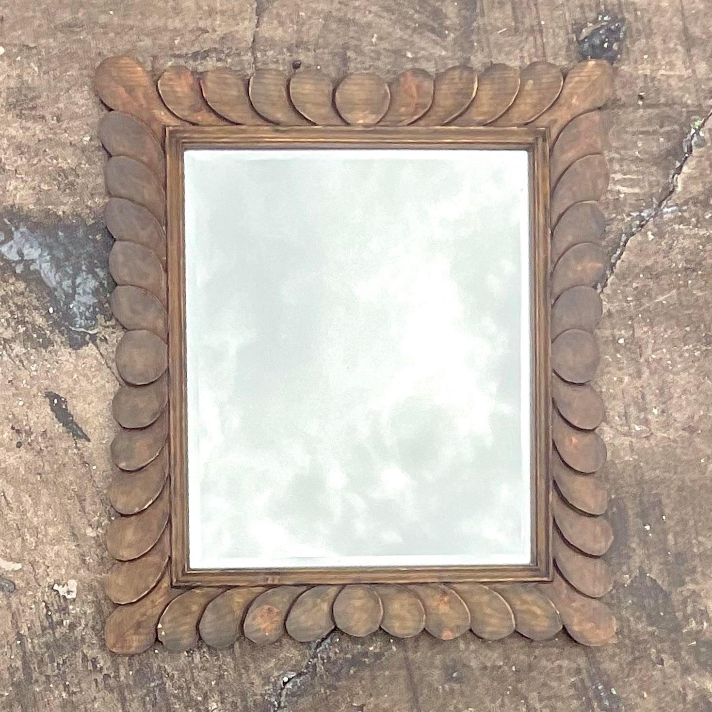 20th Century Vintage Boho Ebonized Oak Carved Petal Mirror