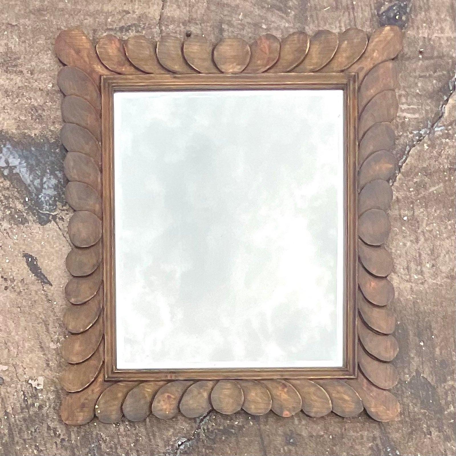 Vintage Boho Ebonized Oak Carved Petal Mirror 2