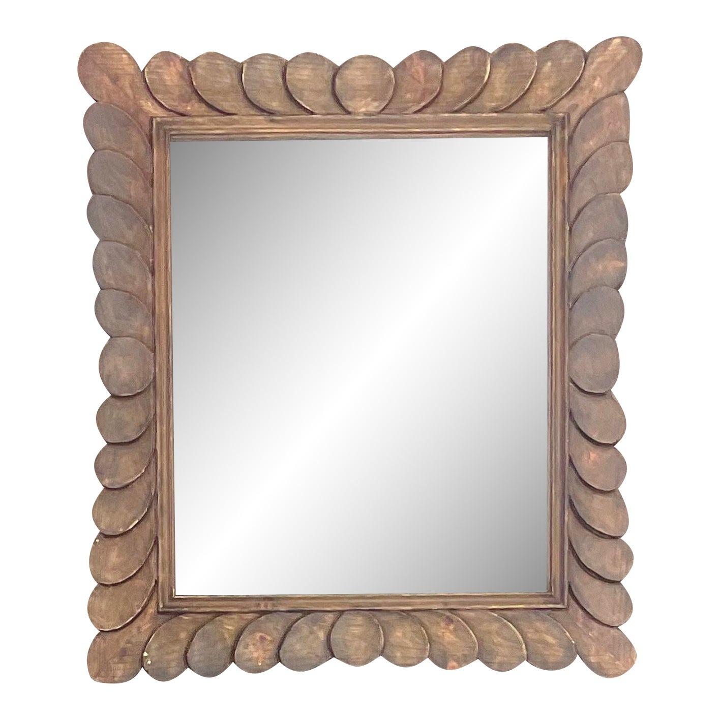 Vintage Boho Ebonized Oak Carved Petal Mirror For Sale