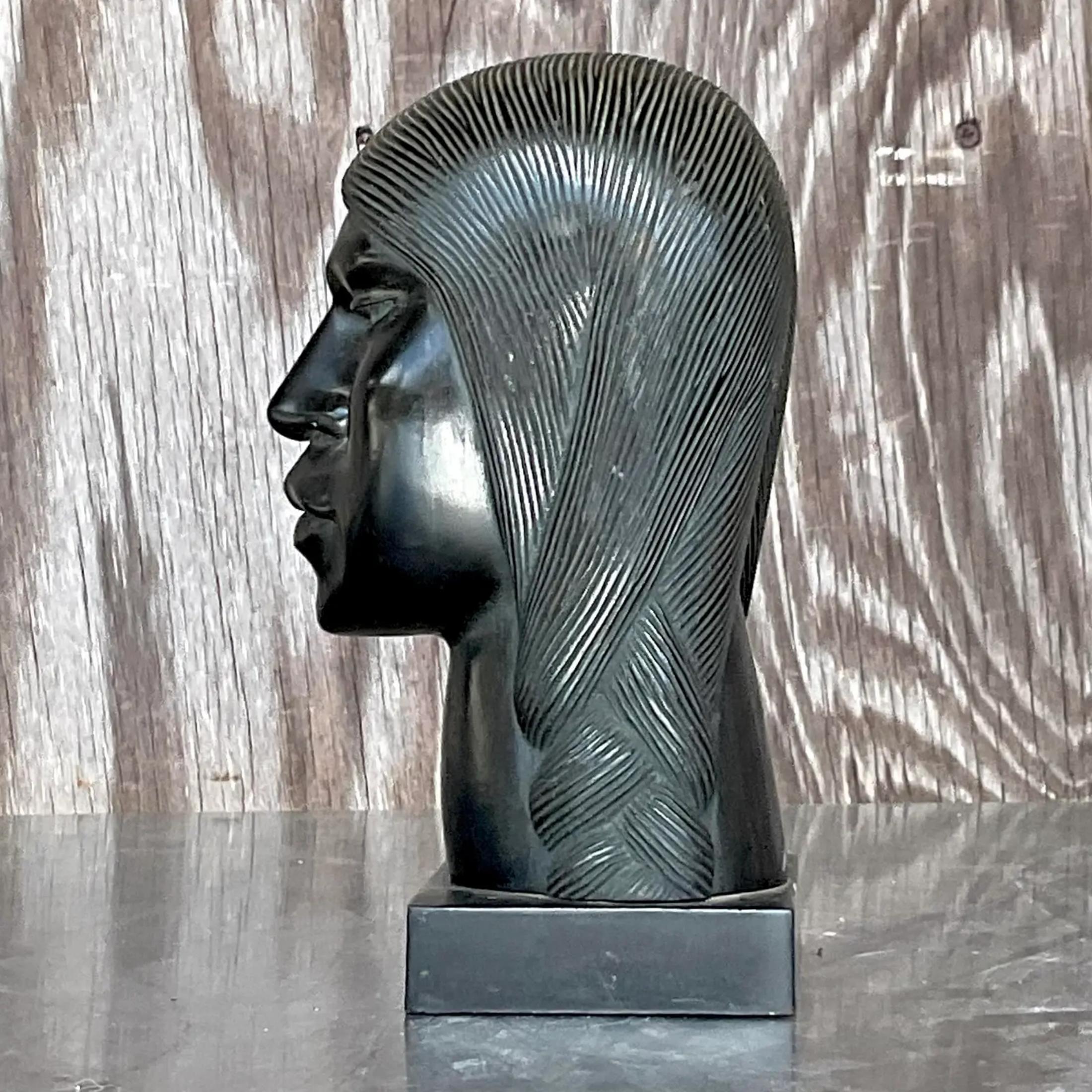 Vintage Boho Ebony Hand Carved Bust of Man For Sale 4