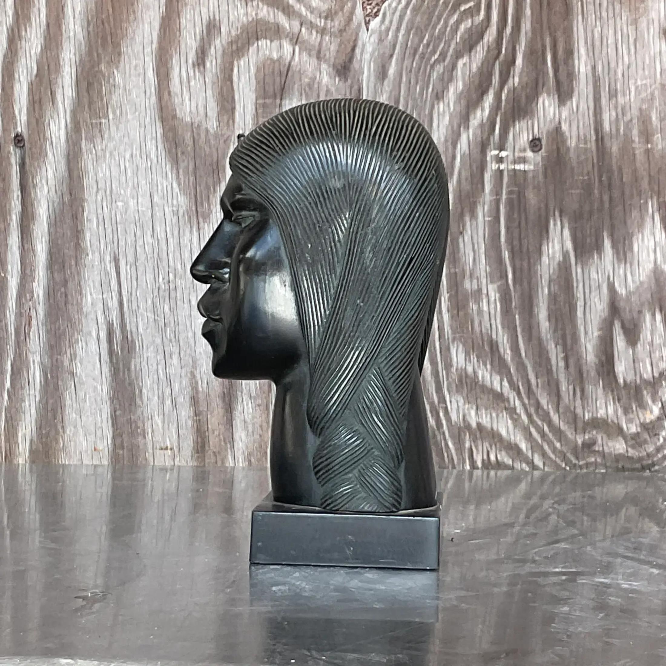 Bohemian Vintage Boho Ebony Hand Carved Bust of Man For Sale