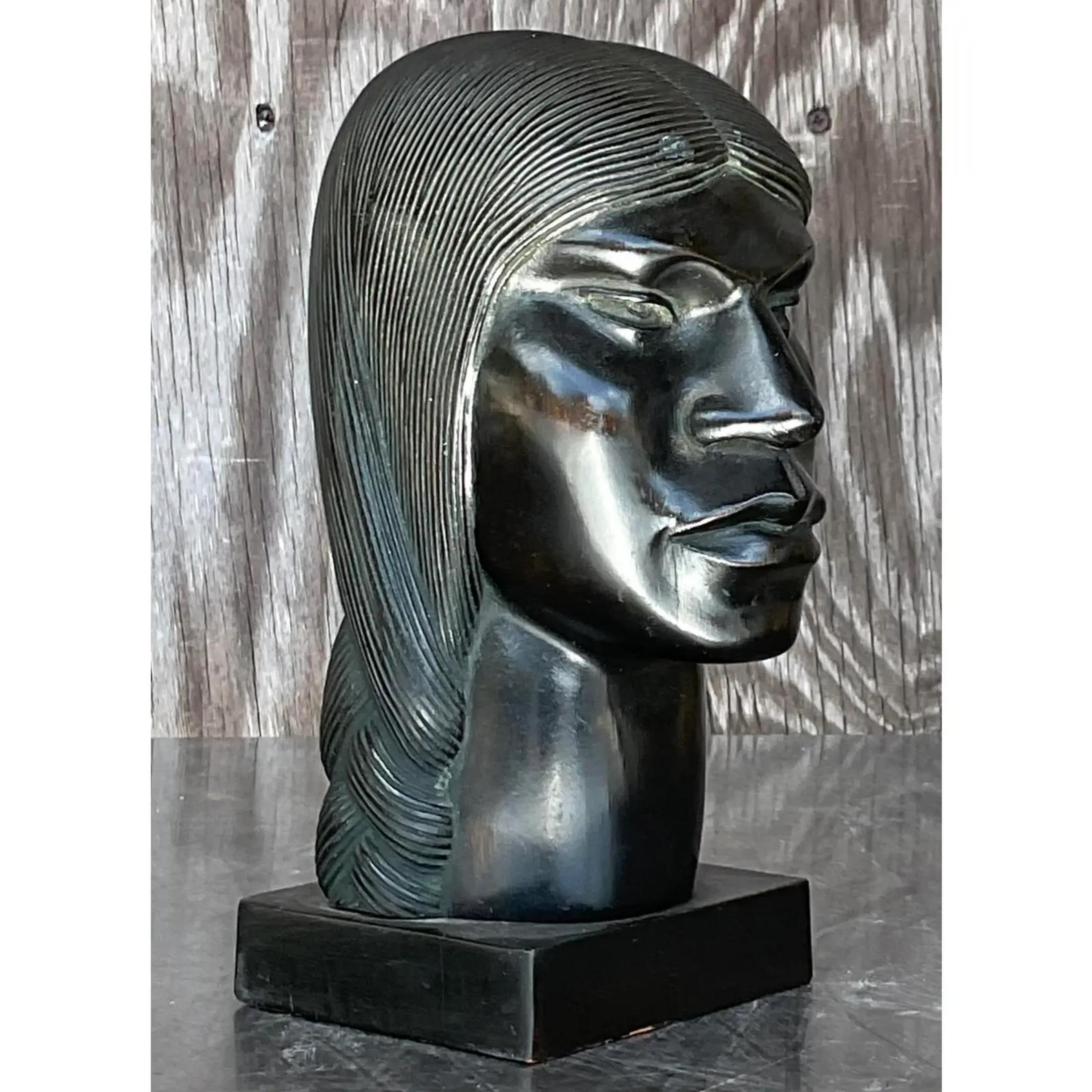 Vintage Boho Ebony Hand Carved Bust of Man In Good Condition For Sale In west palm beach, FL