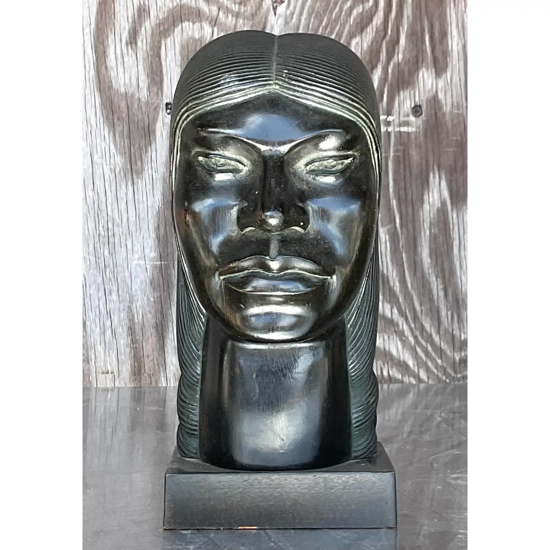 20th Century Vintage Boho Ebony Hand Carved Bust of Man For Sale