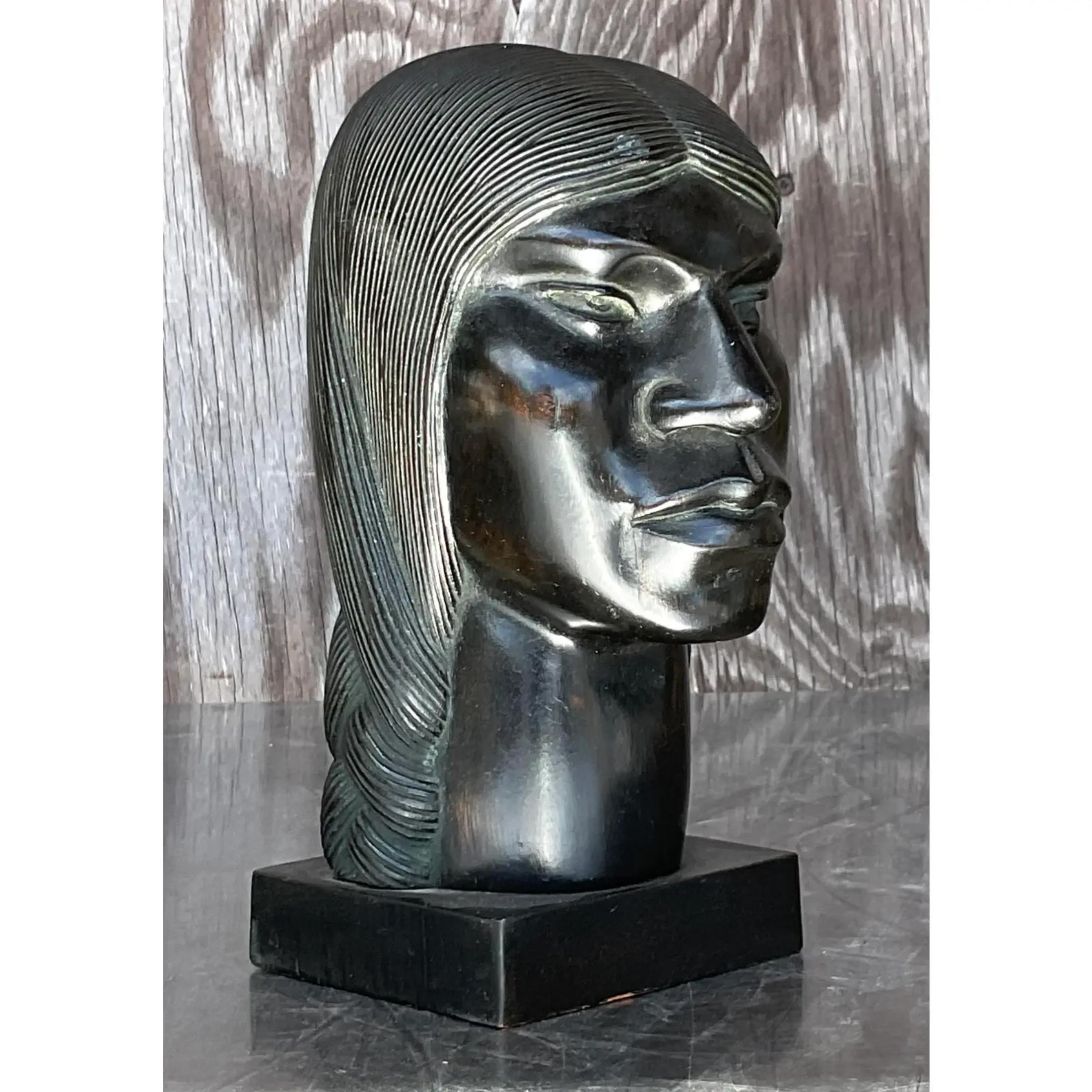 Vintage Boho Ebony Hand Carved Bust of Man For Sale 1