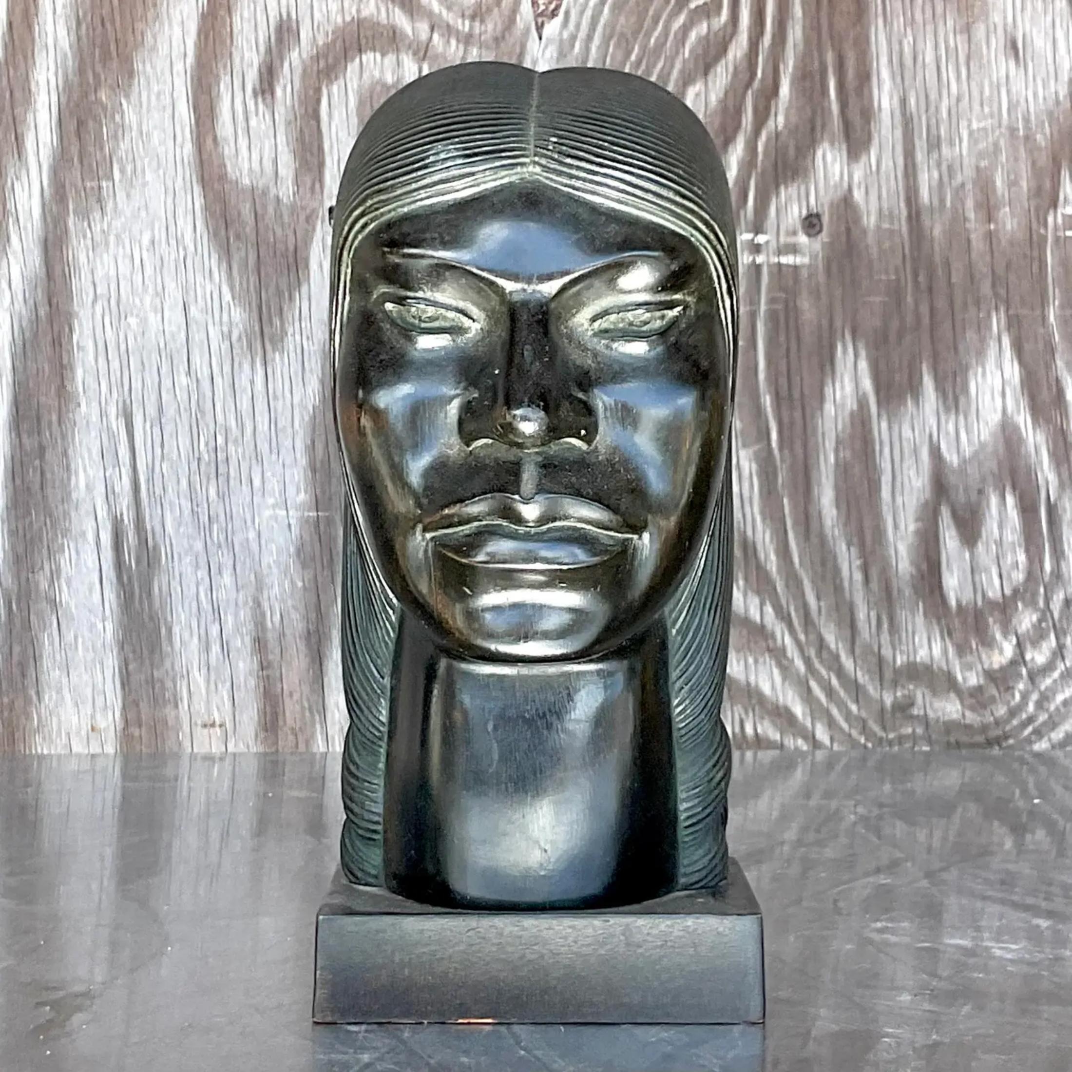 Vintage Boho Ebony Hand Carved Bust of Man For Sale 2