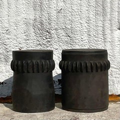 Vintage-Boho-Hocker aus Ebenholz in Paddle-Stump-Optik – ein Paar