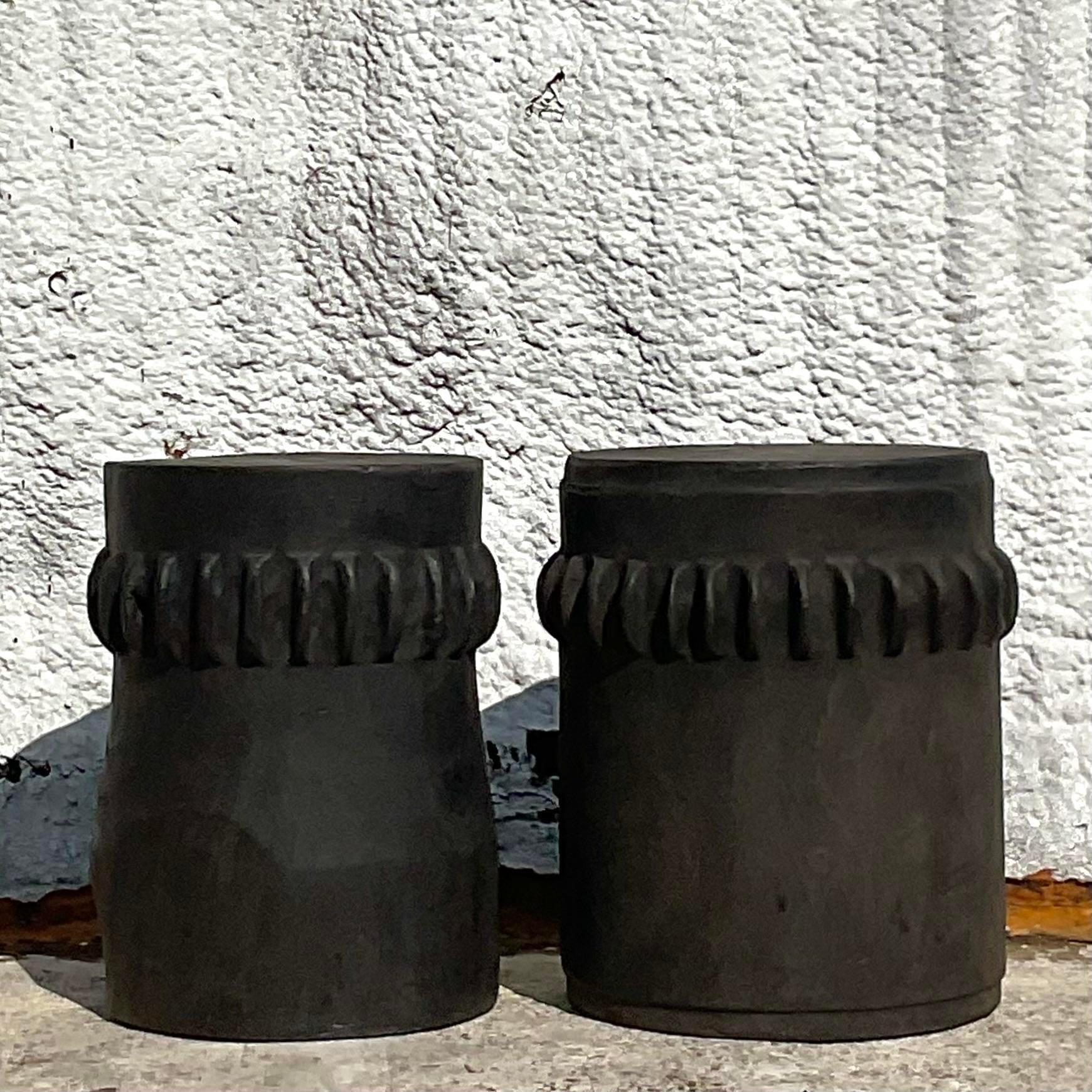Vintage Boho Ebony Paddle Stump Low Stools - a Pair In Good Condition For Sale In west palm beach, FL