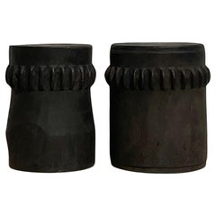 Retro Boho Ebony Paddle Stump Low Stools - a Pair