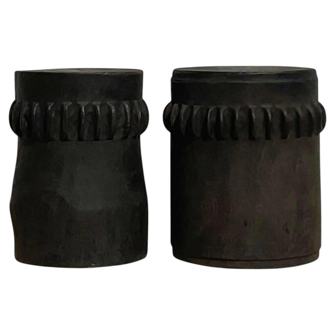 Vintage Boho Ebony Paddle Stump Low Stools - A Pair