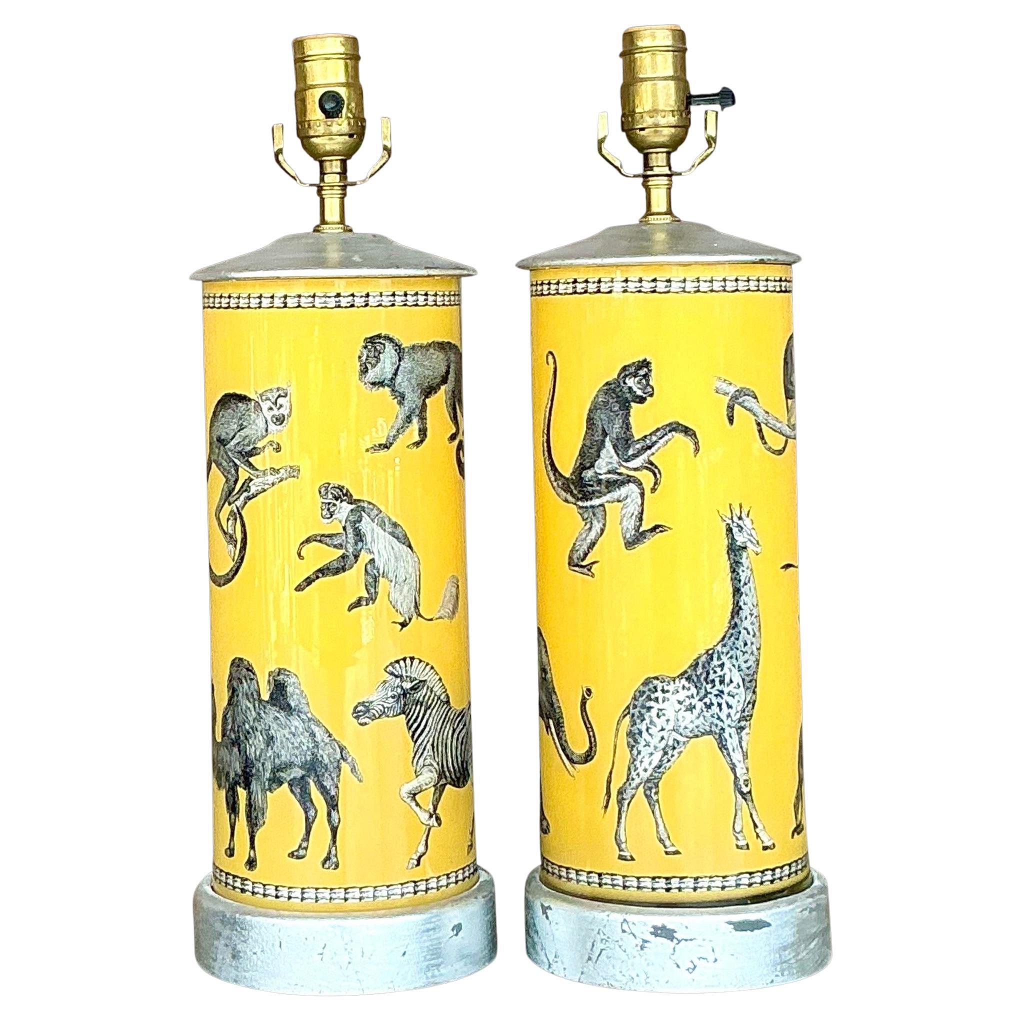 Vintage Boho Eglomise Glass Monkey Lamps - a Pair