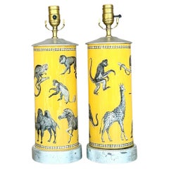 Vintage Boho Eglomise Glass Monkey Lamps - a Pair