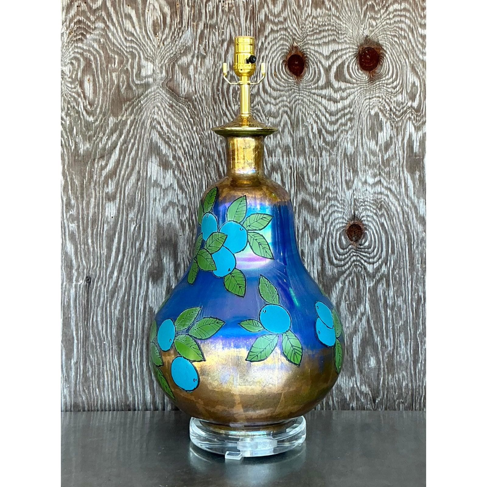 Hollywood Regency Vintage Boho Eglomise Table Lamp For Sale