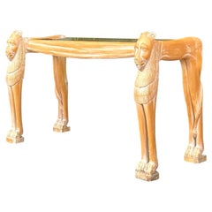 Vintage Boho Egyptian Revival Carved Lions Head Console Table