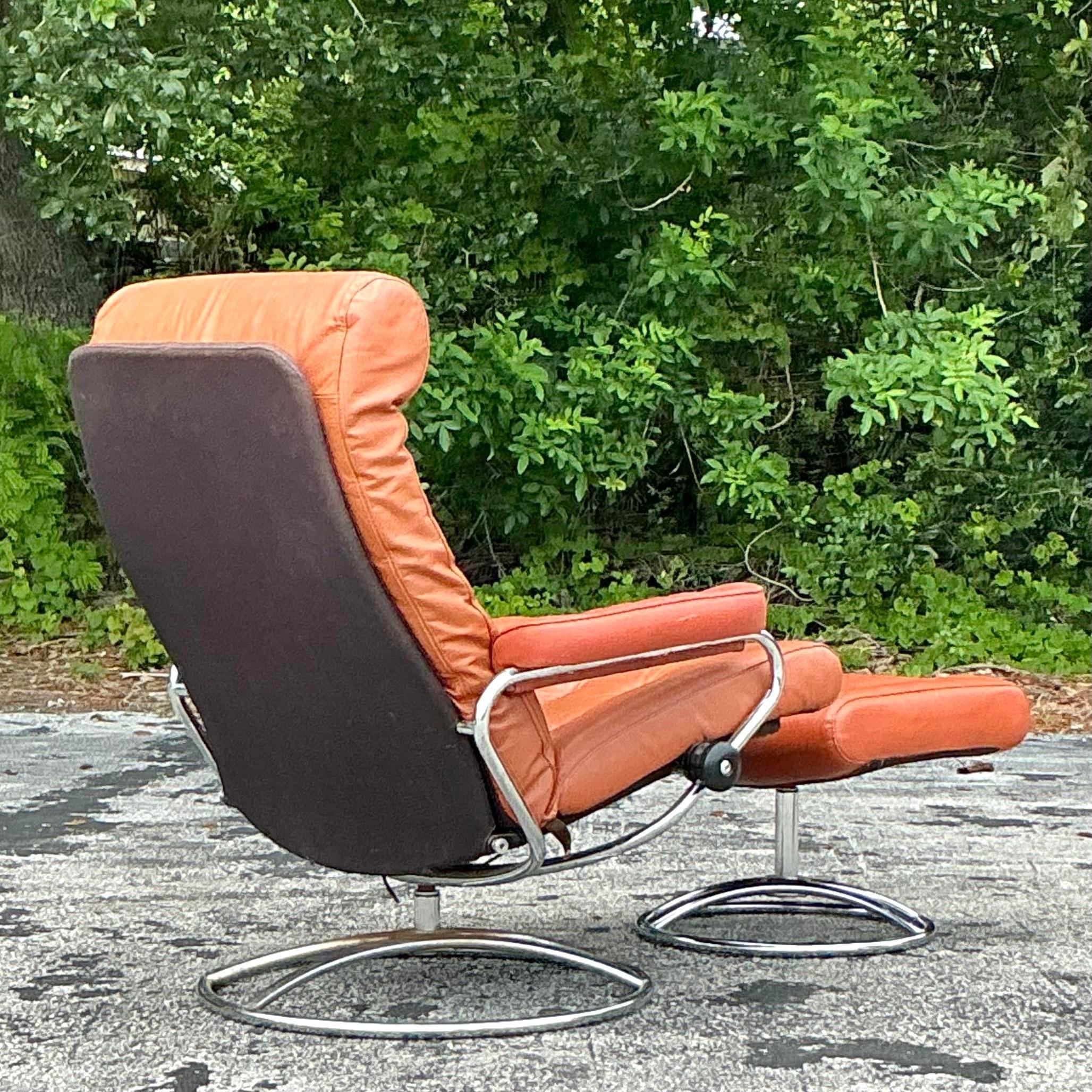 American Vintage Boho Ekornes Swivel Leather Chair and Ottoman