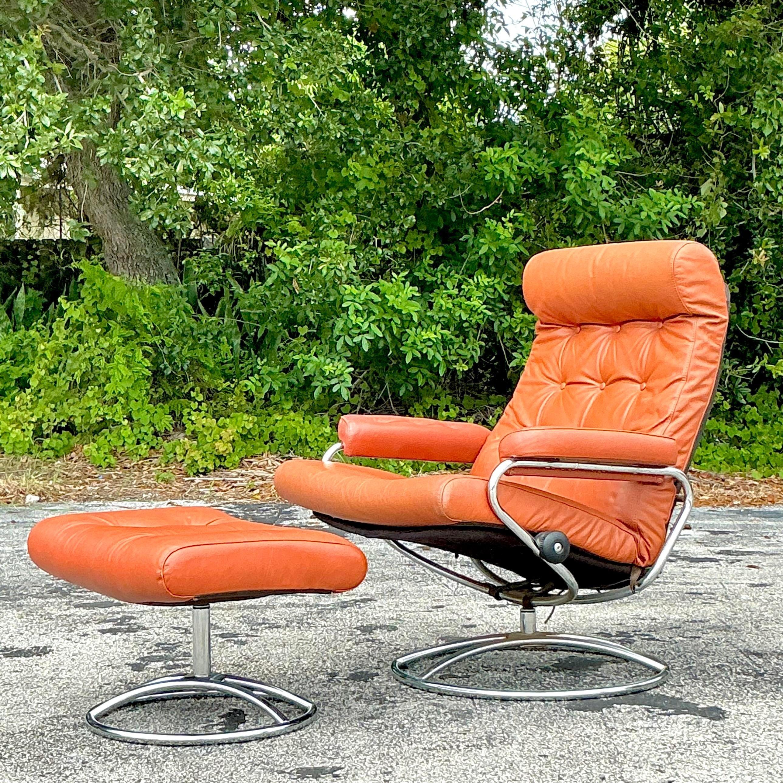 Vintage Boho Ekornes Swivel Leather Chair and Ottoman In Good Condition In West Palm Beach, FL
