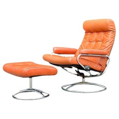 Vintage Boho Ekornes Swivel Leather Chair and Ottoman