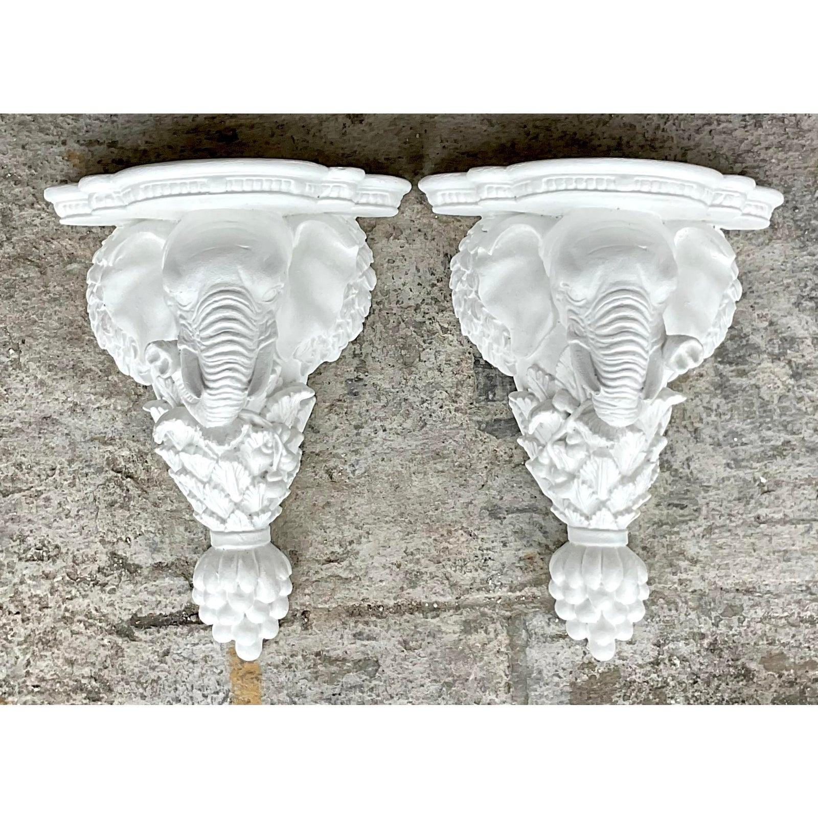 Vintage Boho Elephant Brackets - a Pair In Good Condition For Sale In west palm beach, FL