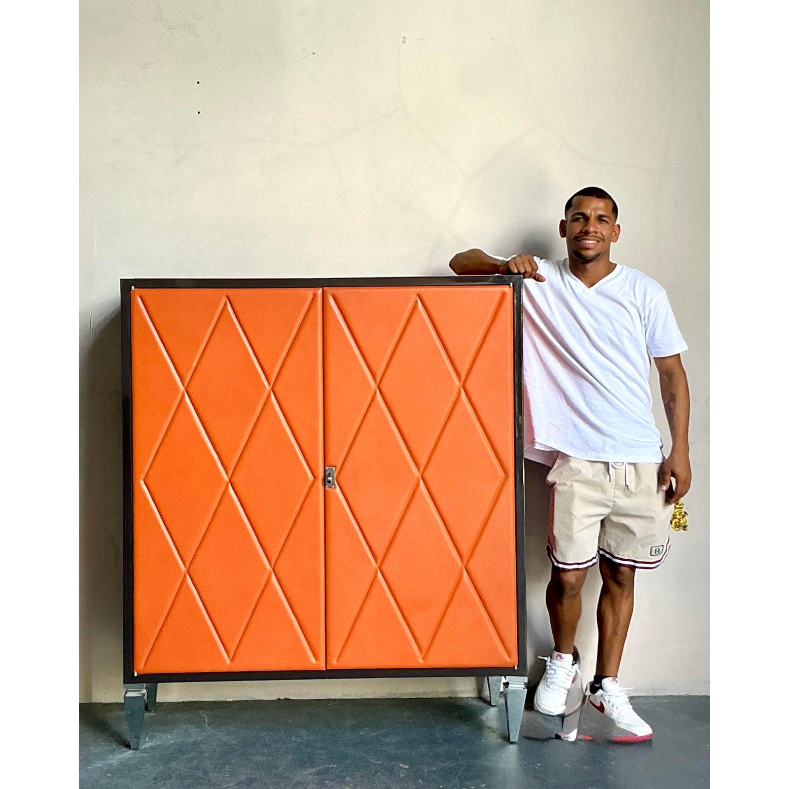 Vintage Boho Elitis Harlequin Leather Cabinet In Good Condition For Sale In West Palm Beach, FL