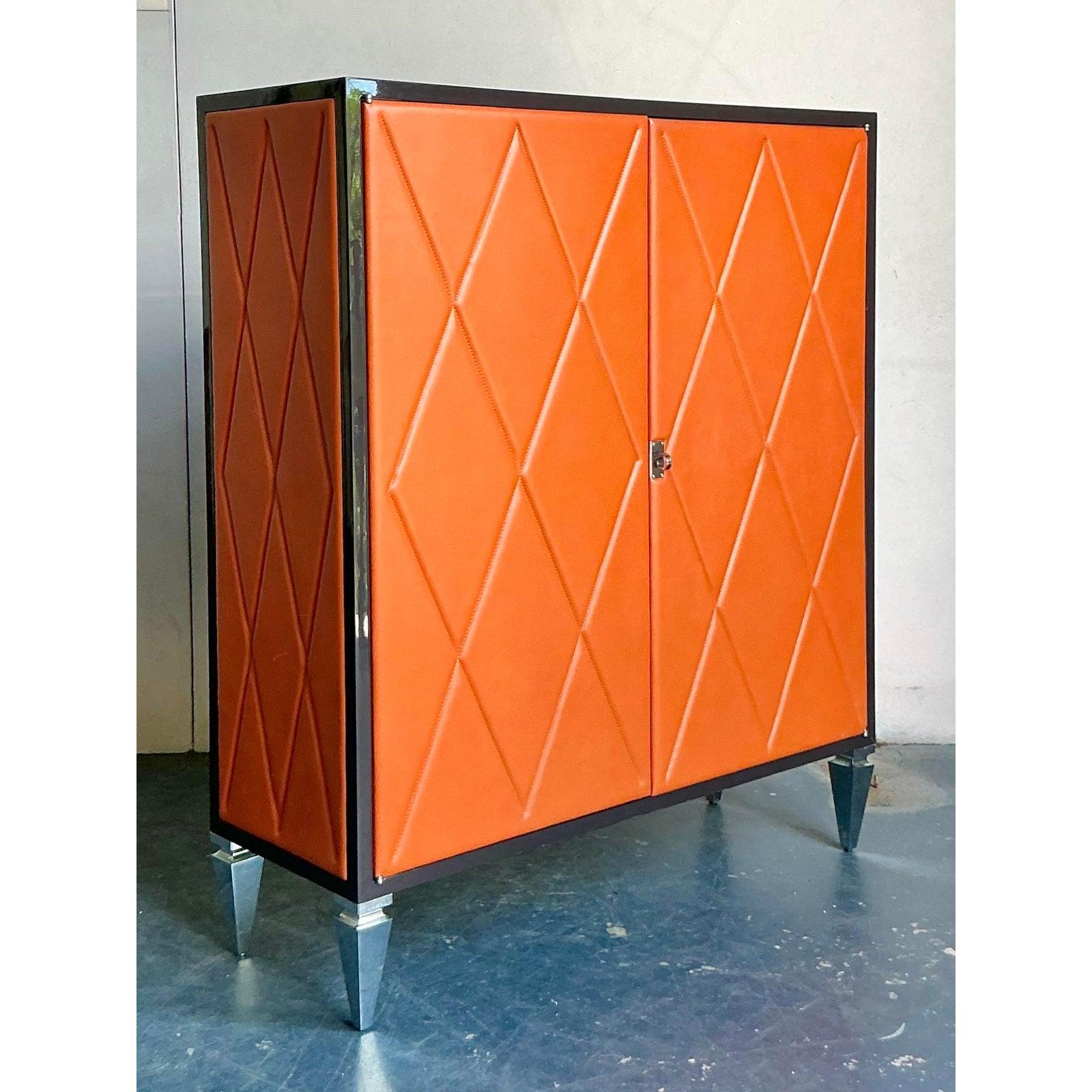 Metal Vintage Boho Elitis Harlequin Leather Cabinet For Sale