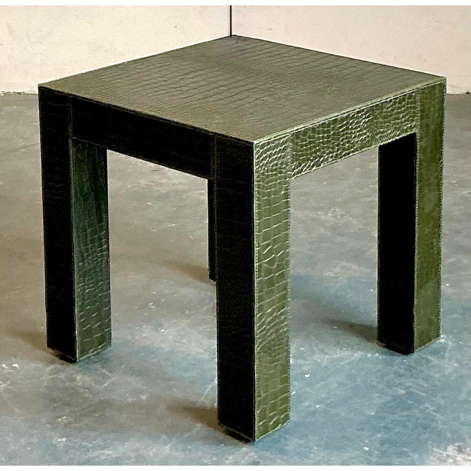 Wood Vintage Boho Embossed Alligator Occasional Table For Sale