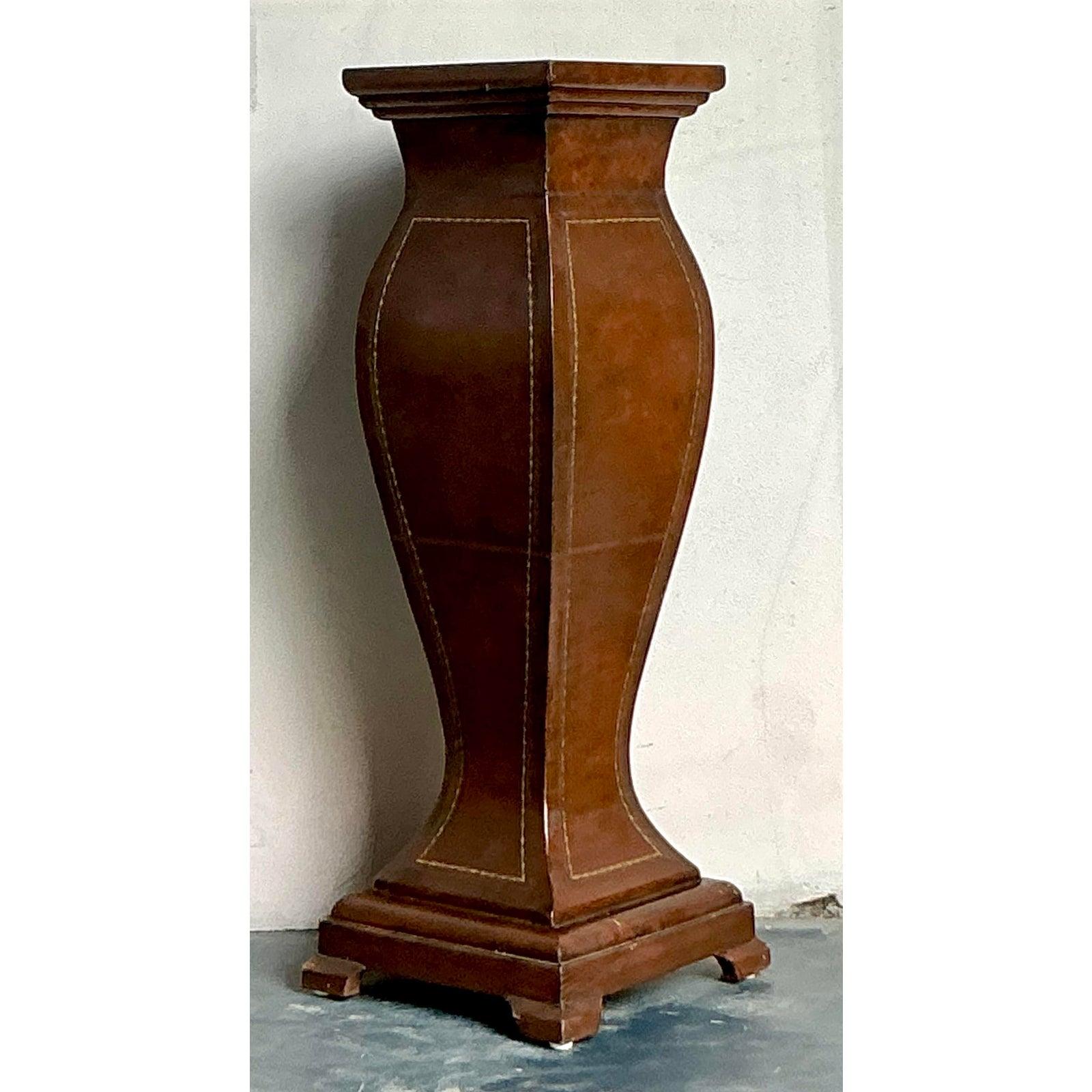 Neoclassical Vintage Boho Embossed Leather Pedestal For Sale