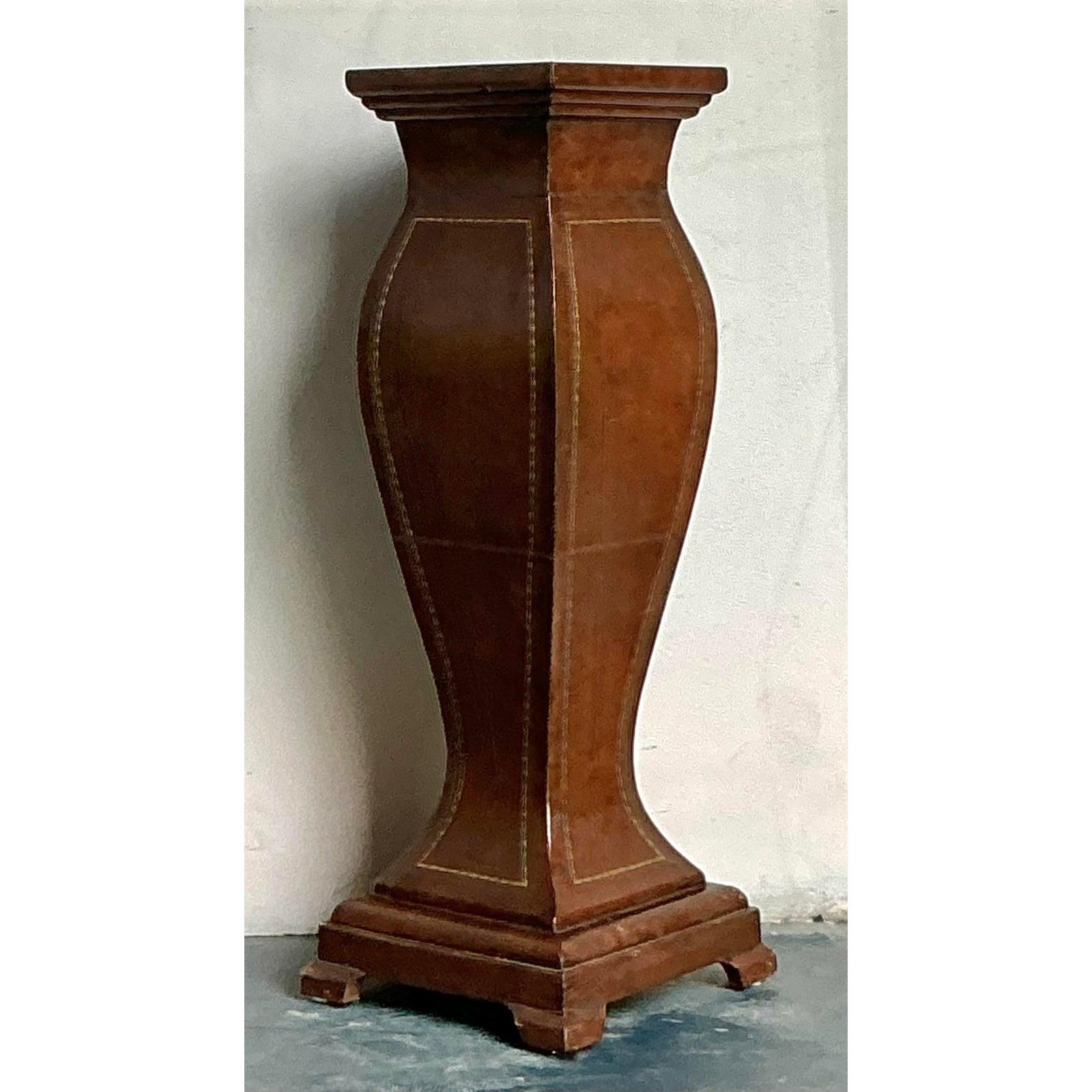 American Vintage Boho Embossed Leather Pedestal For Sale