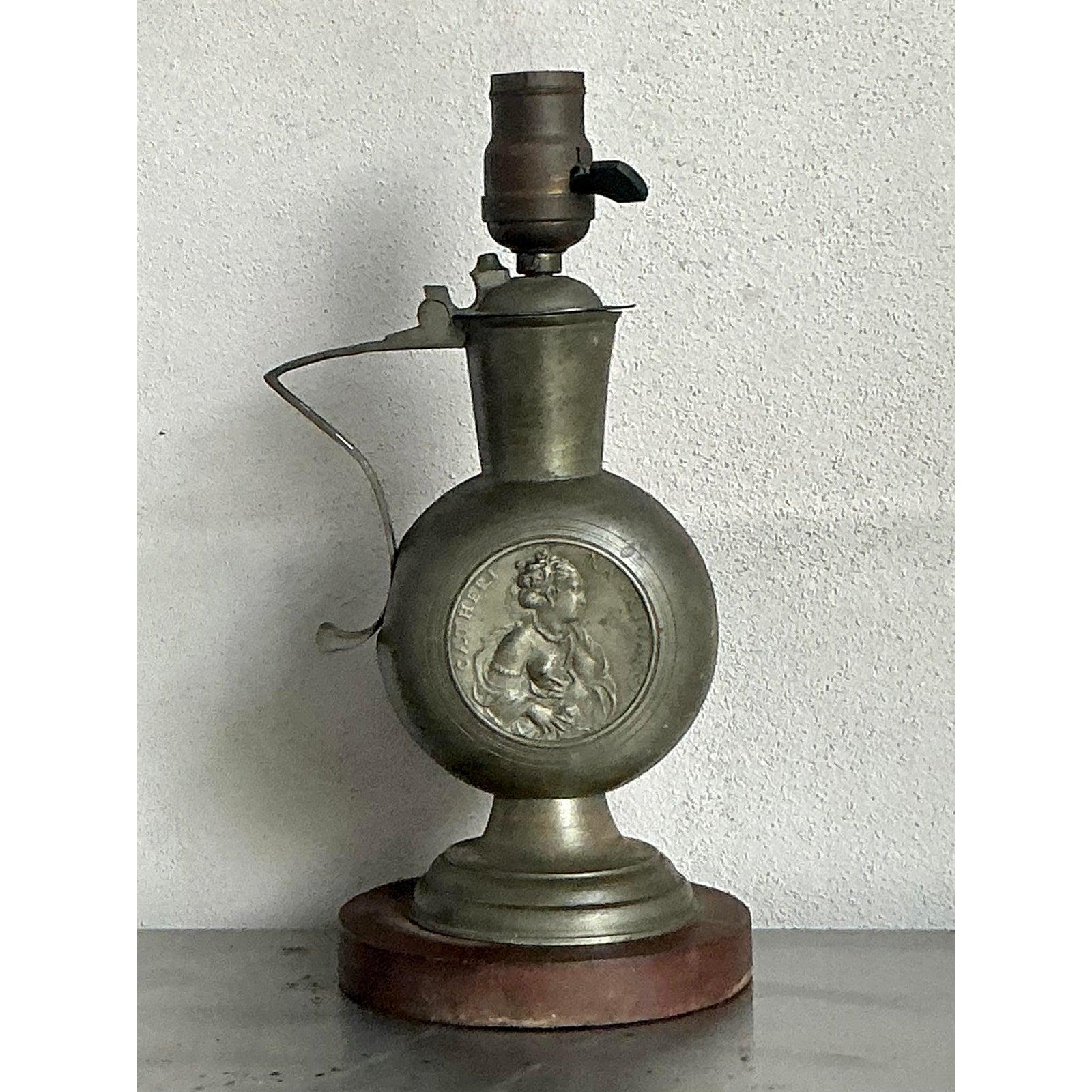 Industrial Vintage Boho Embossed Metal Medallion Lamp For Sale