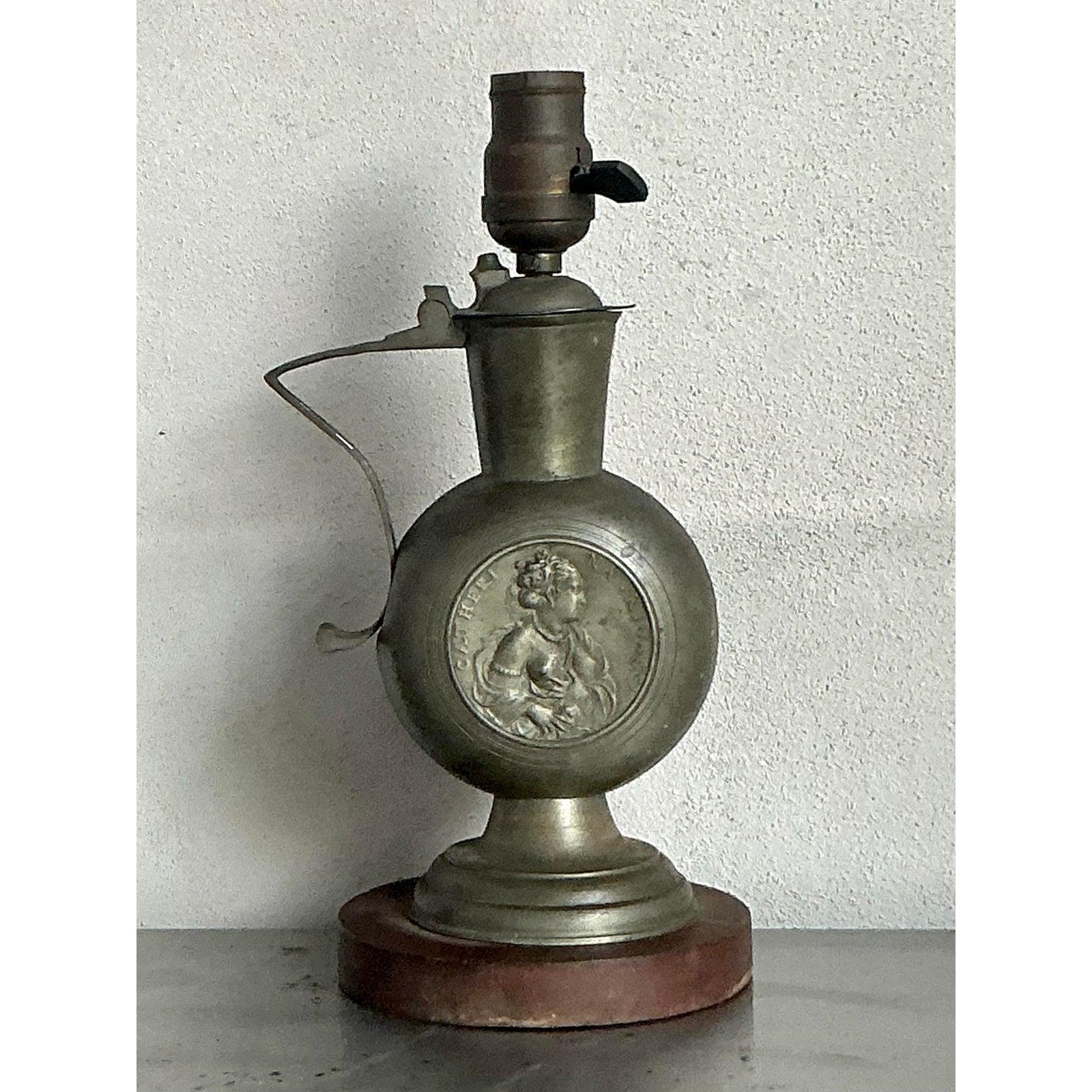 American Vintage Boho Embossed Metal Medallion Lamp For Sale