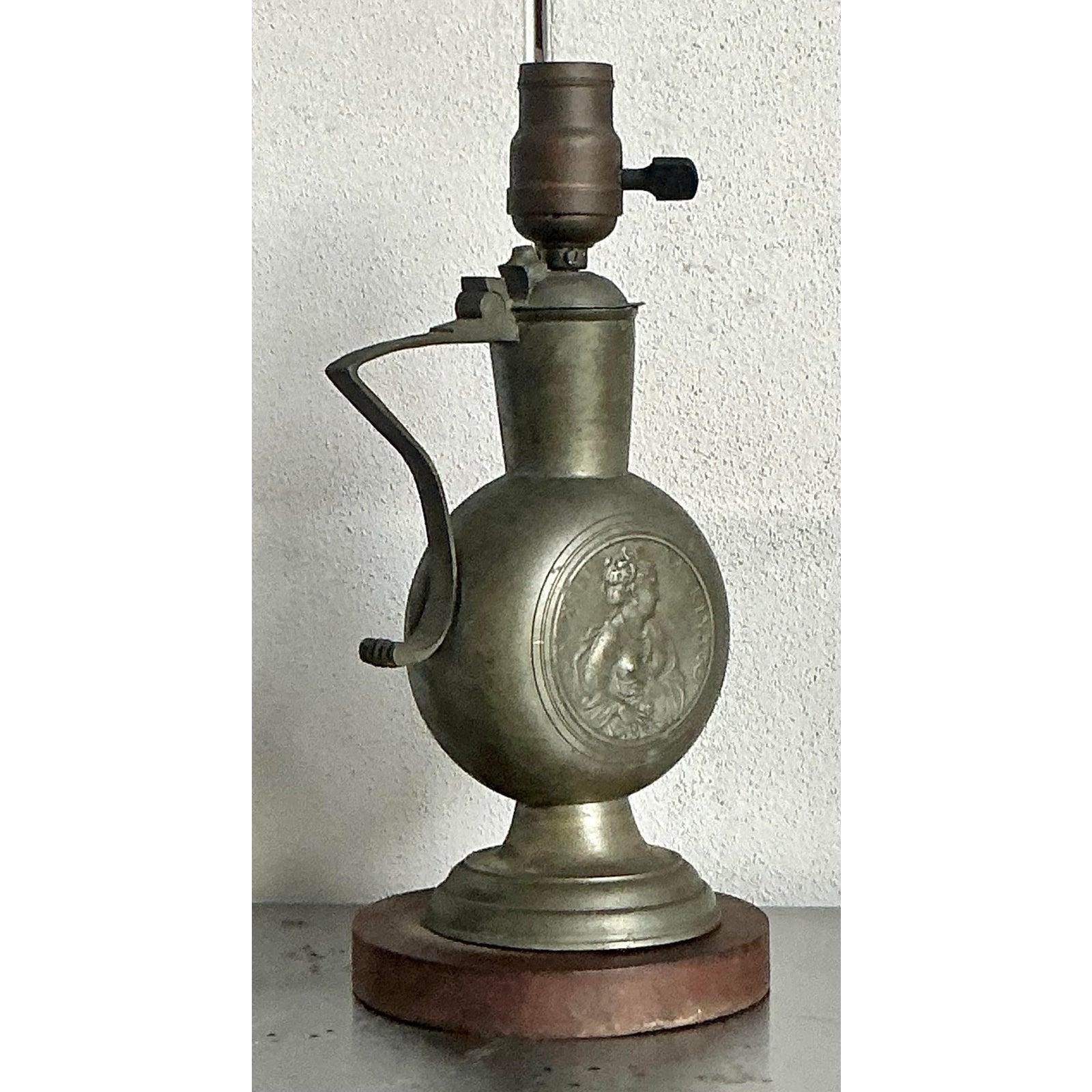 Vintage Boho Embossed Metal Medallion Lamp In Good Condition For Sale In West Palm Beach, FL
